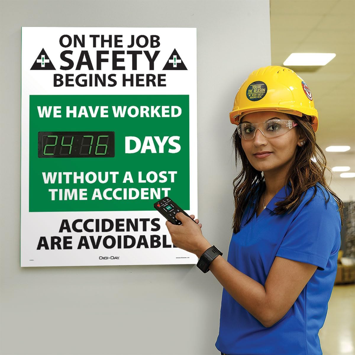 Accuform SCK115 Aluminum Digi-Day Electronic Scoreboard, "ON THE JOB SAFETY BEGINS HERE - WE HAVE WORKED #### DAYS WITHOUT A LOST TIME ACCIDENT - ACCIDENTS ARE AVOIDABLE" - Image 2