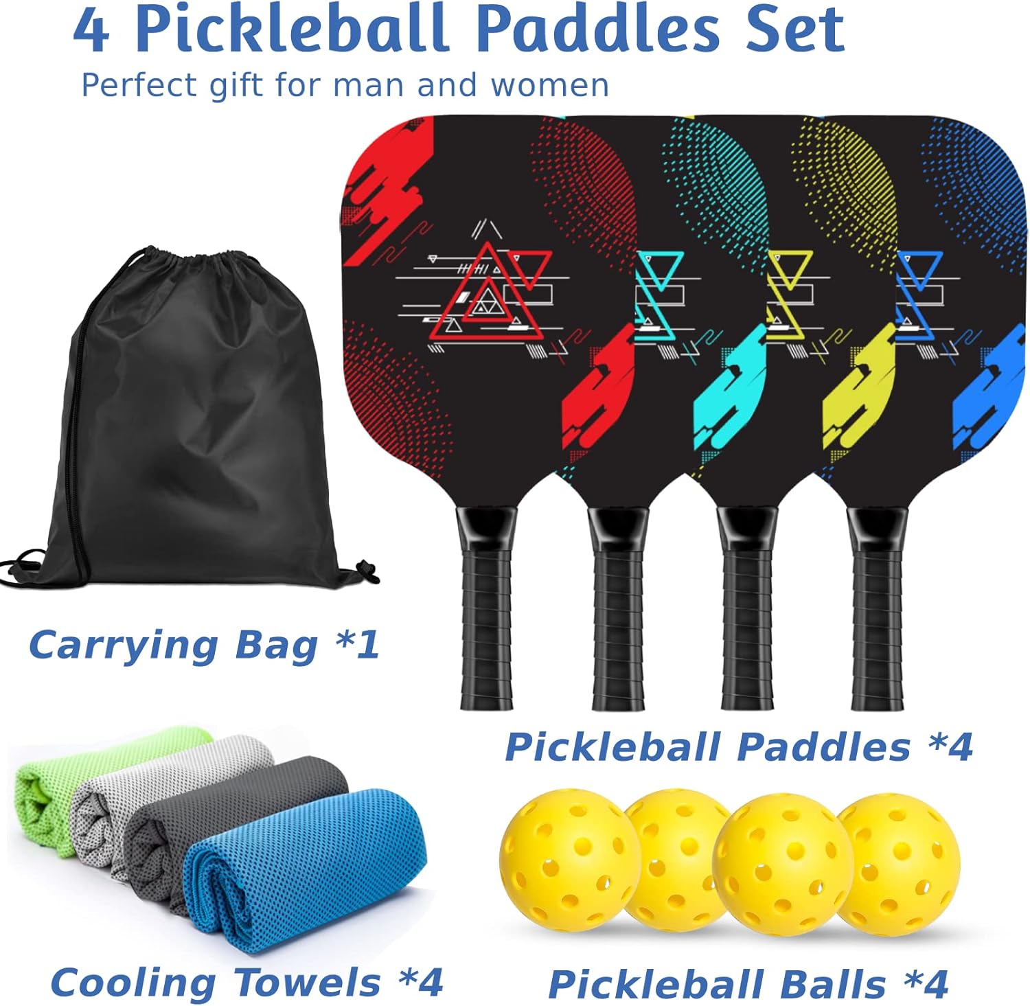 Pickleball Set with 4 Premium Wood Paddles, Cushion Comfort Grip, 4 Cooling Towels, 4 Pickleball Balls & Carry Bag, Pickle Ball Paddle for Men Women - Image 6