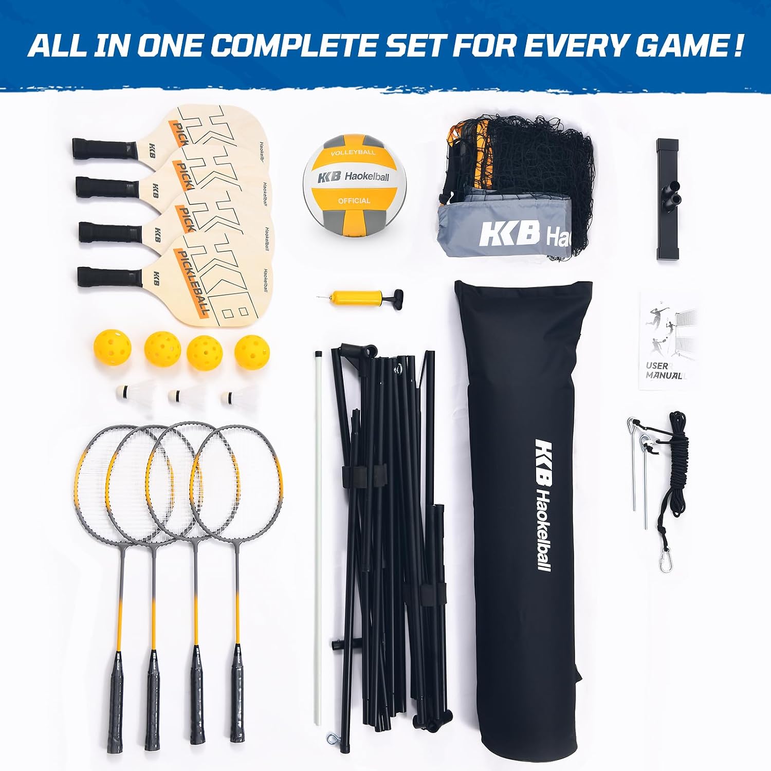 Haokelball Badminton Volleyball Pickleball Net Set, 22FT Portable All-in-One Nets System for Outdoor Beach Indoor with Adjustable Height, Includes Balls Rackets Pump Carry Bag | Backyard, Beach, Lawn, Outdoor, Indoor, Portable, Net Set, Family Games, Includes Balls Shuttlecocks Rackets Pump Carry Bag - Image 8