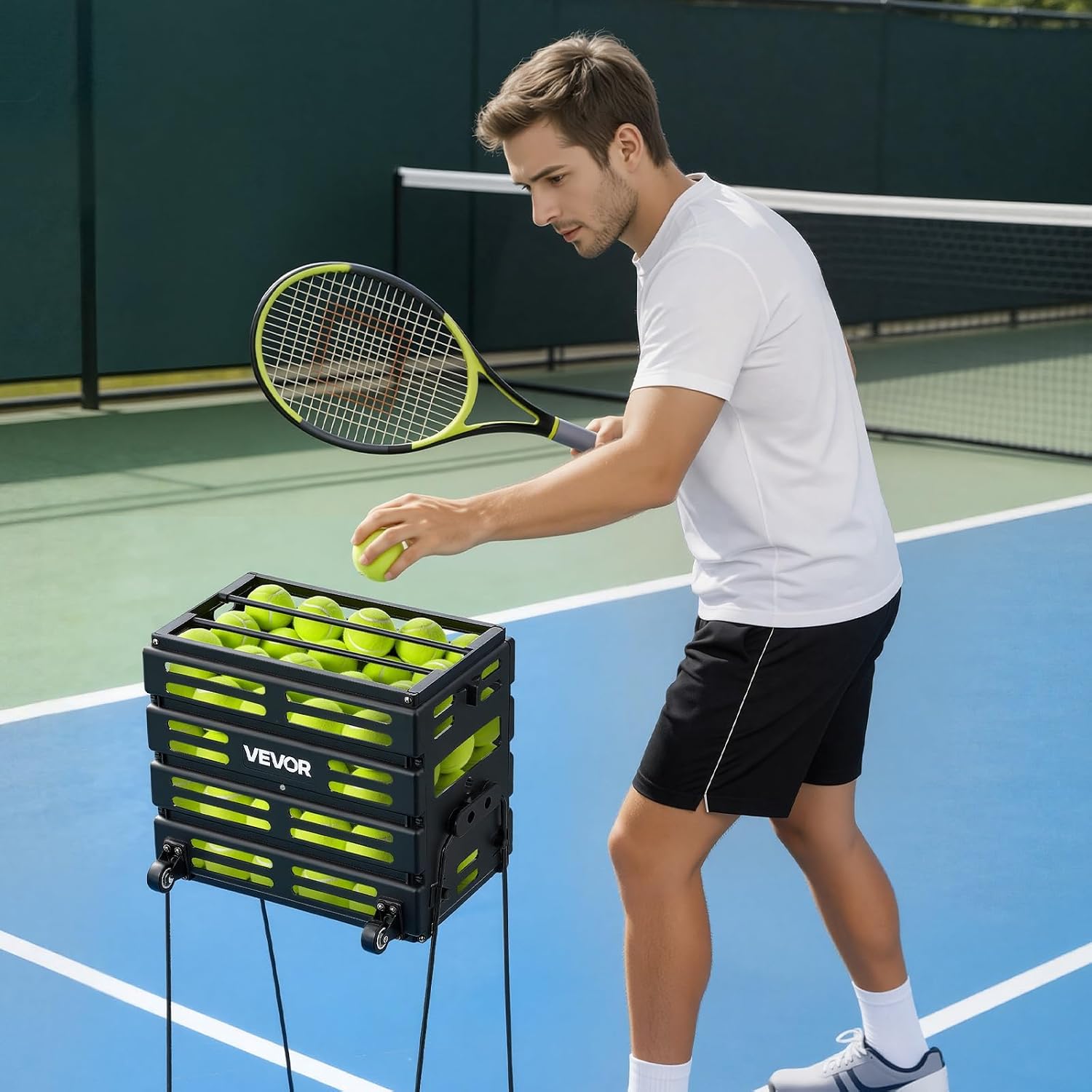 VEVOR Tennis Ball Hopper, Holds 75/80 Tennis Balls, Pickleball Basket Cart with Wheels for Easy Pick Up, Portable Pickleball Caddy with Heavy-Duty Construction for Training Carrying Storage - Image 8
