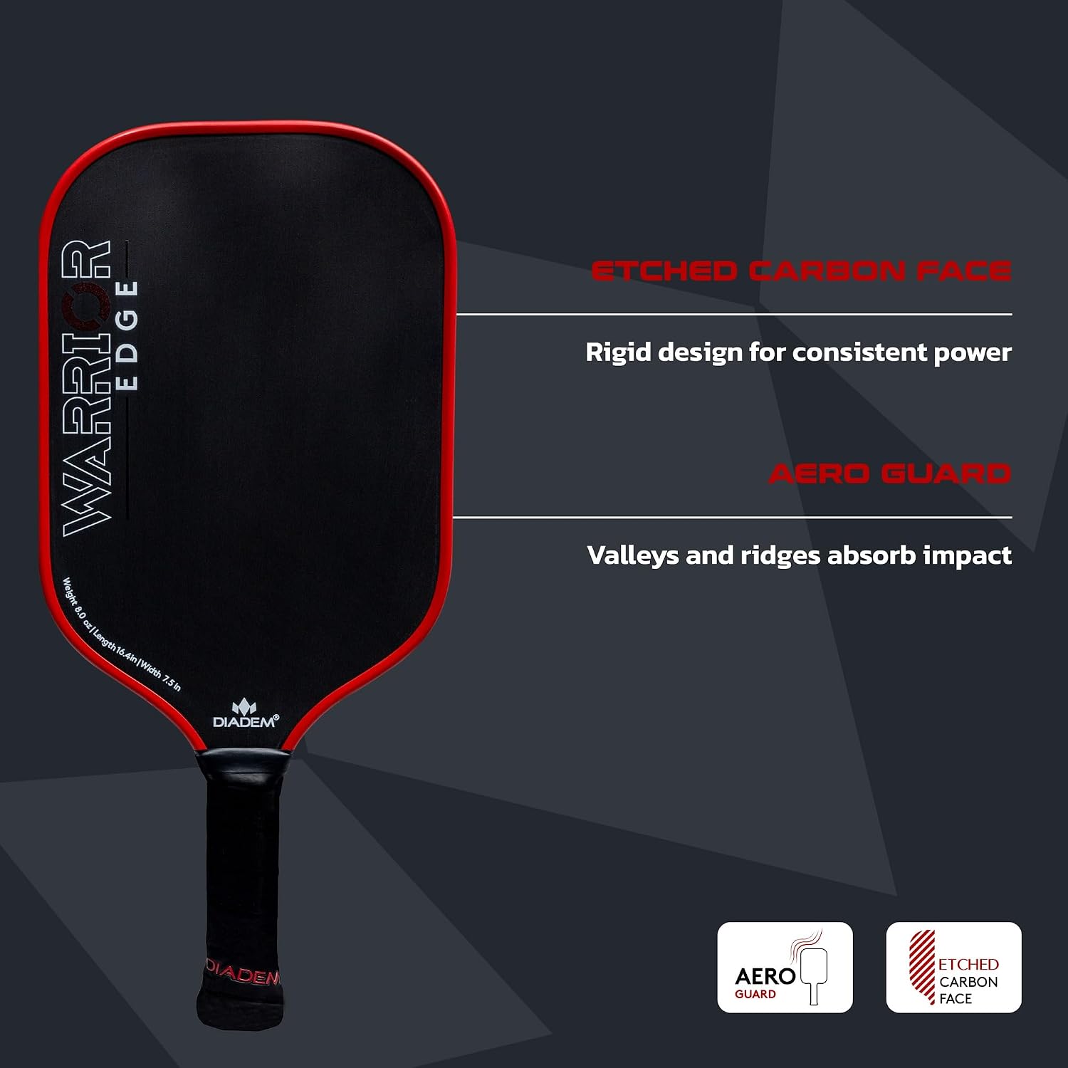 Diadem Warrior Edge Pickleball Paddles | Etched Carbon Face for Max Spin, 16mm Aero Guard, Comfort Max Grip, 16mm Honeycomb Core, Midweight 8oz | Indoor/Outdoor | USAPA Approved - Image 3