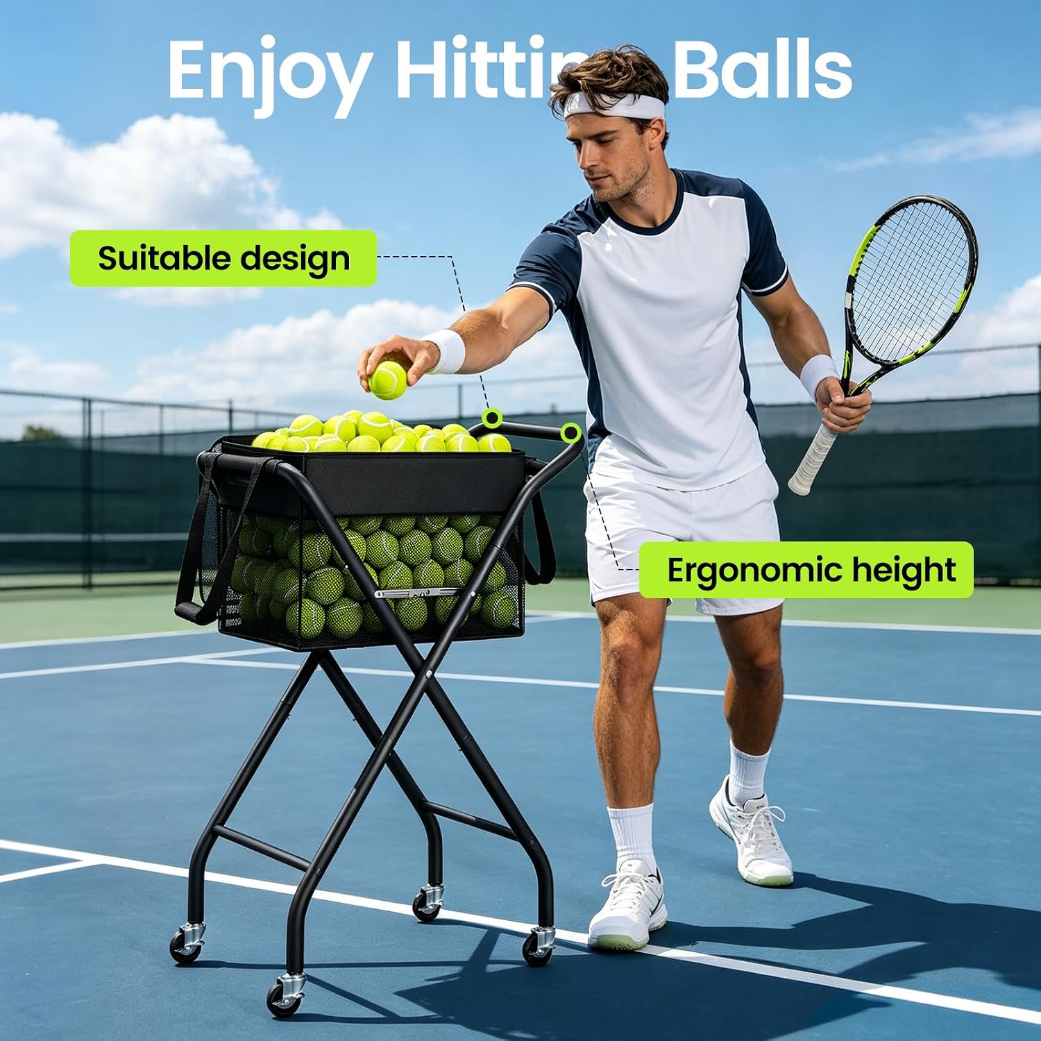 ELYKEN Tennis Ball Hopper with Wheels, Holds 220 Tennis Balls or 160 Pickleballs, Foldable Ball Retriever Basket, Portable Ball Collector Caddy for Tennis & Pickleball Training, Practice and Storage - Image 8
