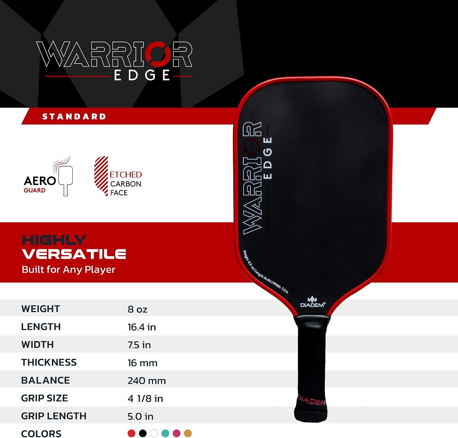 Diadem Warrior Edge Pickleball Paddles | Etched Carbon Face for Max Spin, 16mm Aero Guard, Comfort Max Grip, 16mm Honeycomb Core, Midweight 8oz | Indoor/Outdoor | USAPA Approved - Image 6