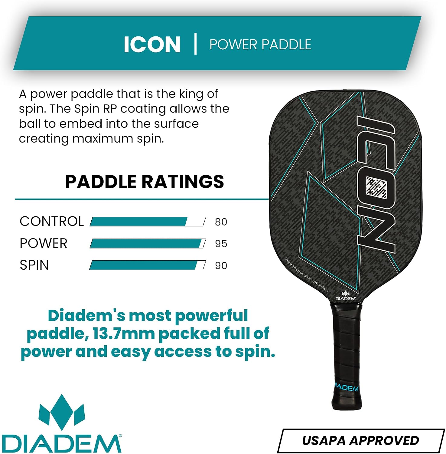 Diadem ICON Performance Pickleball Paddle | Graphite Carbon Fiber, Honeycomb Core, Fiberglass Face, Ultra Sleek Edge Guard, Spin Friendly | Indoor/Outdoor | USAPA Approved - Image 2