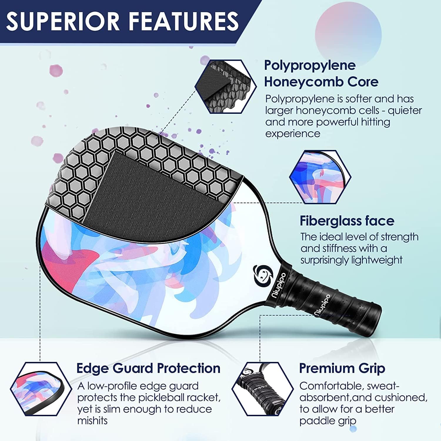 niupipo Pickleball Paddles Set of 2 or 4, USAPA Approved Fiberglass Pickleball Paddle Set with Balls and Bag, Polypropylene Honeycomb Core, Lightweight Pickleball Paddles for Beginners Men Women - Image 3