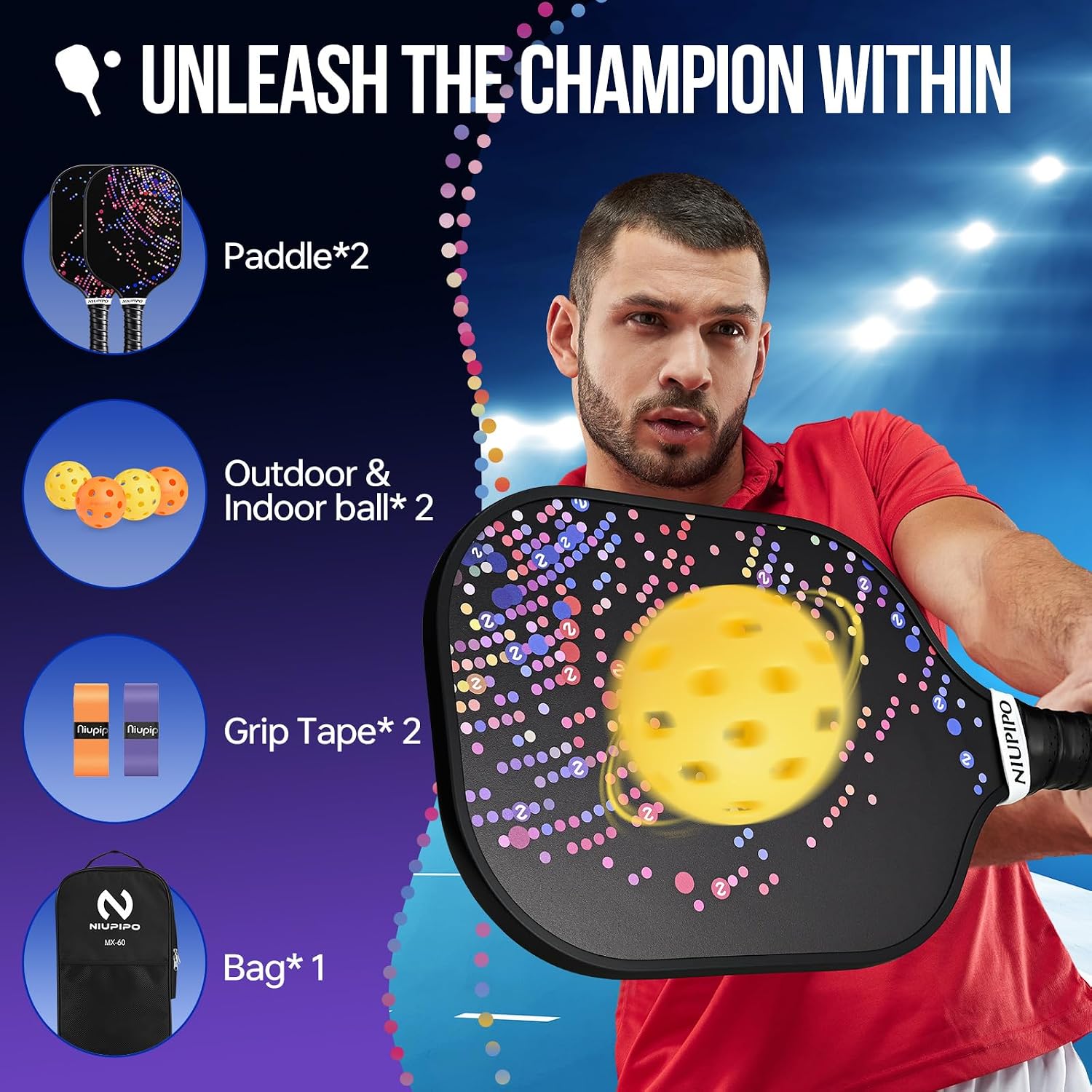 niupipo Pickleball Paddles Set of 2 or 4, USAPA Approved Fiberglass Pickleball Paddle Set with Balls and Bag, Polypropylene Honeycomb Core, Lightweight Pickleball Paddles for Beginners Men Women - Image 2