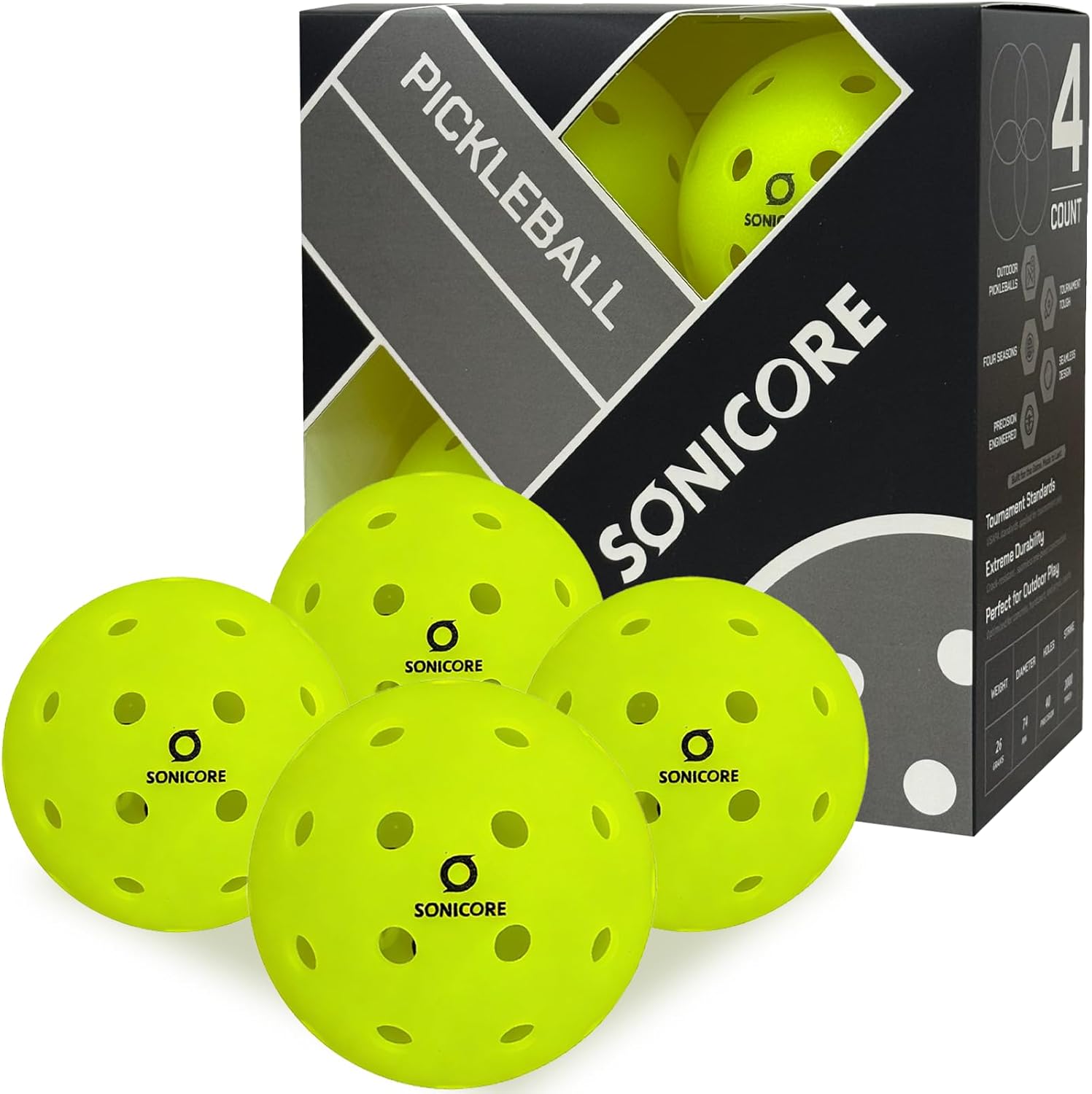SONICORE Premium Outdoor Pickleball Balls, 4/12 Pack, Extreme Durability, One-Piece Mold, Tournament-Ready Level, 40-Hole Precision Drilled, Crack-Resistant, Seamless