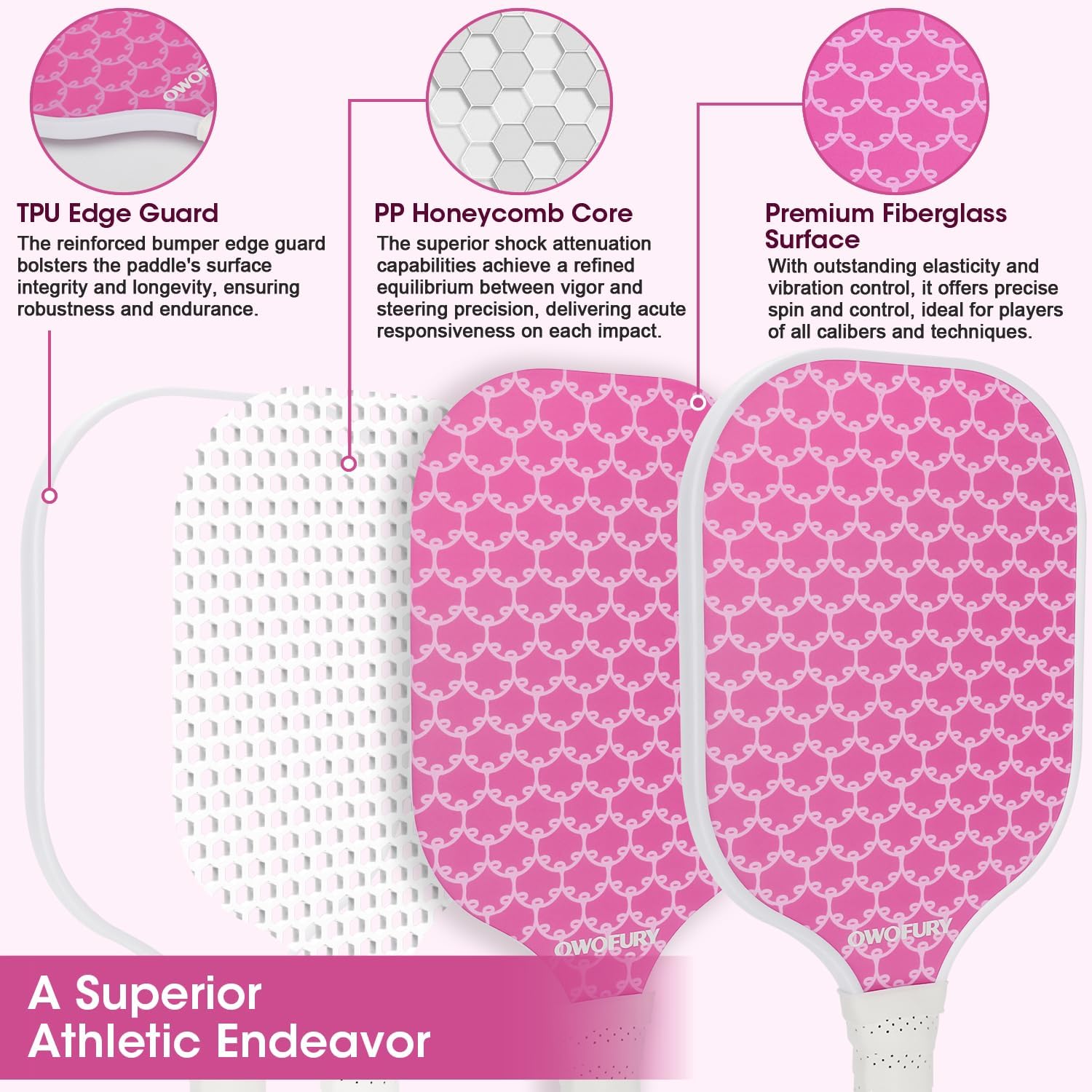 Fiberglass Pickleball Paddles Set of 2, Pickle Ball Racket Lightweight Honeycomb Core Control Paddle, with 4 Indoor Outdoor Balls and Bag for Men Women - Image 2