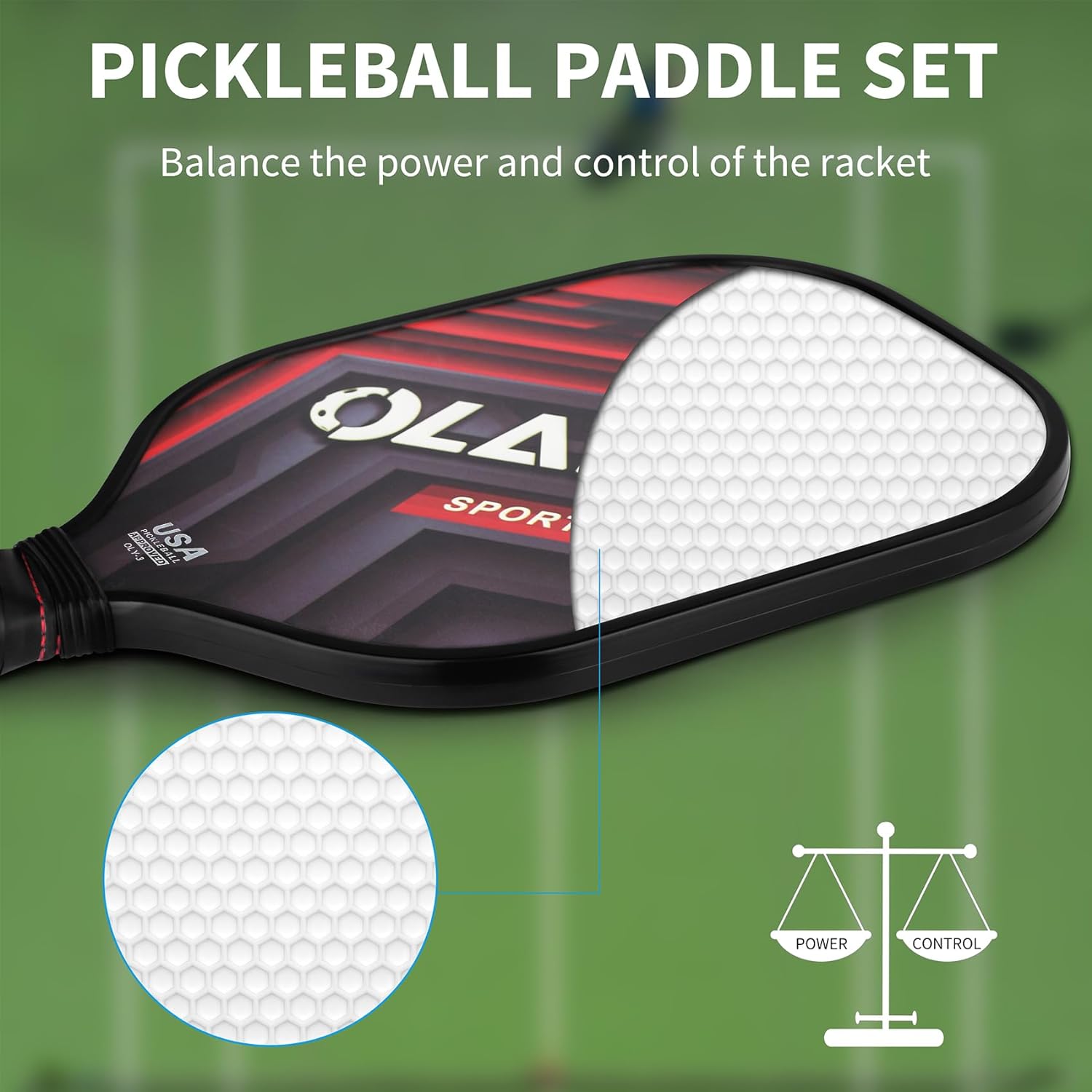 OLANNY Graphite Pickleball Paddles Set- Premium Rackets Fiber Face & Polymer Honeycomb Core Pickleball Set Includes Pickleball Paddles + Pickleball Balls+ Replacement Soft Grip + 1 Bag - Image 4