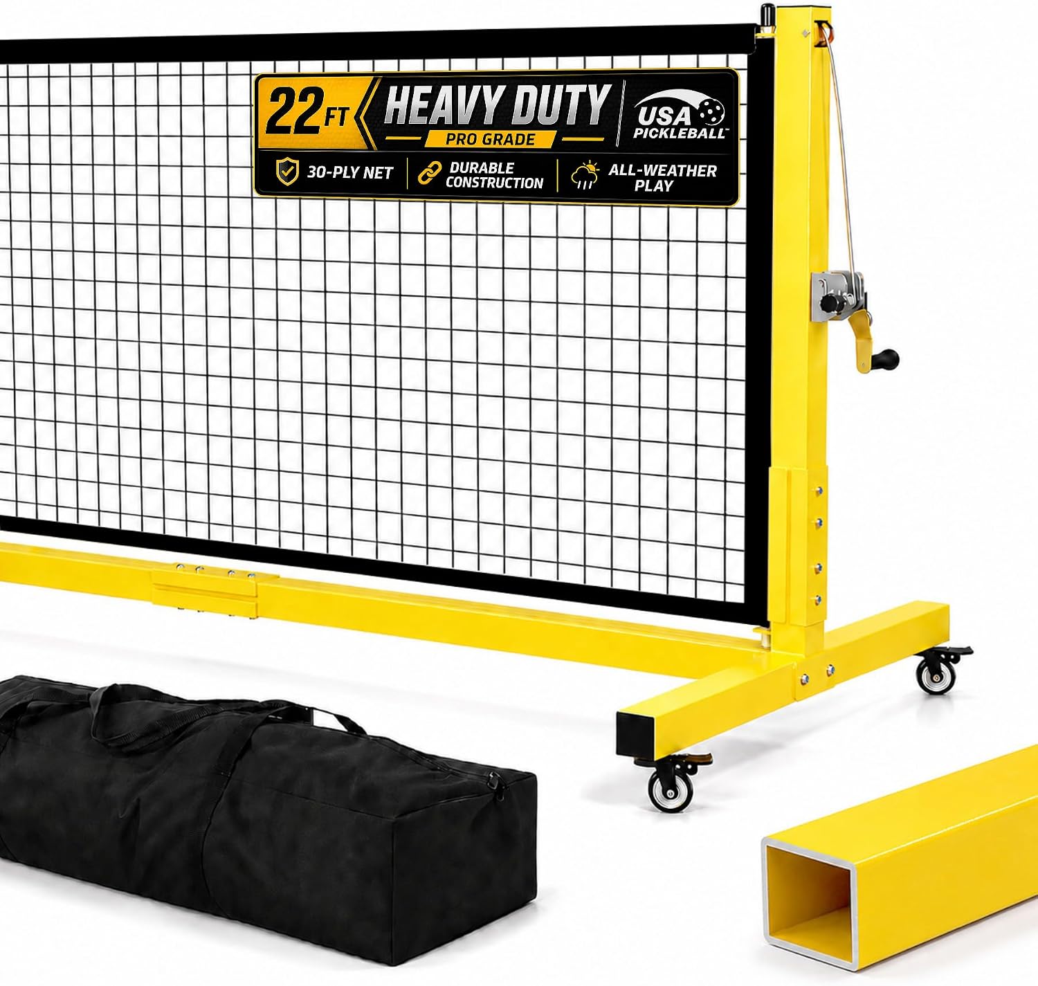 Pro Pickleball Net - 22ft Tournament-Grade, 30-ply Sturdy Net | Heavy Duty Steel Frame, Universal Wheels, 600D Carrying Bag, Perfect for Indoor & Outdoor Use, Black/Yellow/Ice Blue