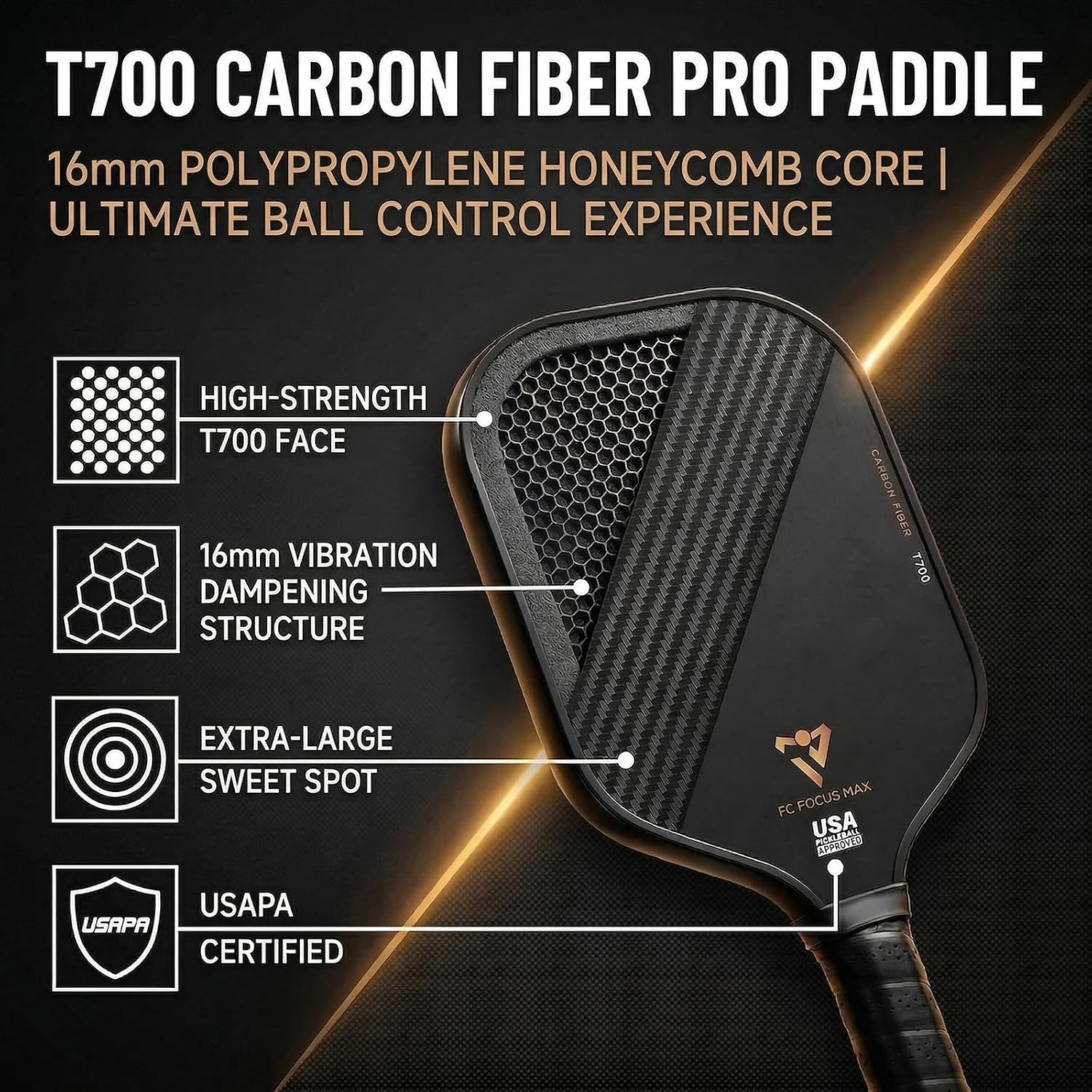 T700 Carbon Fiber Pickleball Paddle, Pickleball Set 16mm Pickle Ball Rackets with CMS Matte Surface Lightweight Honeycomb Core & Durable Edge Frame Larger Sweet Spot - Image 3