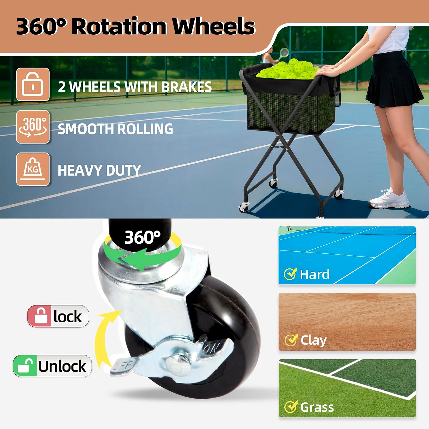 STORAGE MANIAC Foldable Tennis Ball Hopper Cart with Removable Ball Bag | Oxford & PVC Liner with Steel Frame, Holds 150 Balls, Portable Rolling Pickleball Training Cart, 20.7"L x 17.9"W x 35.8"H - Image 6