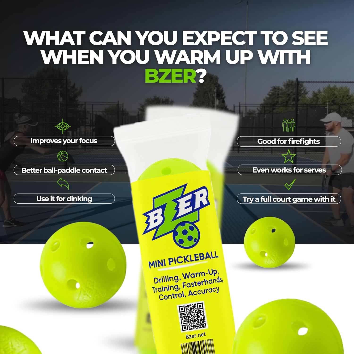 BZER Quiet Pickleball Balls – Mini Pickleballs Silent Rubber Training Ball - Set of 3 for Indoor Outdoor Play, Soft Tiny Practice Trainer, Improve Focus, Boost Control, Training Essentials - Image 2