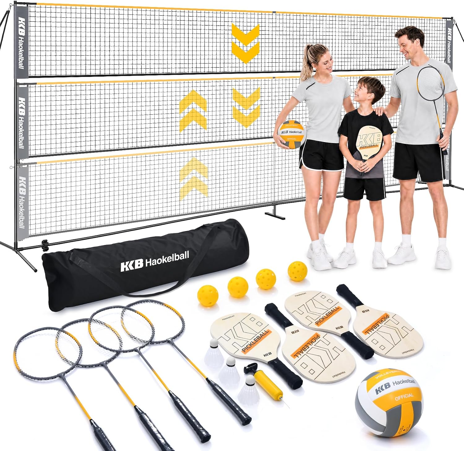 Haokelball Badminton Volleyball Pickleball Net Set, 22FT Portable All-in-One Nets System for Outdoor Beach Indoor with Adjustable Height, Includes Balls Rackets Pump Carry Bag | Backyard, Beach, Lawn, Outdoor, Indoor, Portable, Net Set, Family Games, Includes Balls Shuttlecocks Rackets Pump Carry Bag