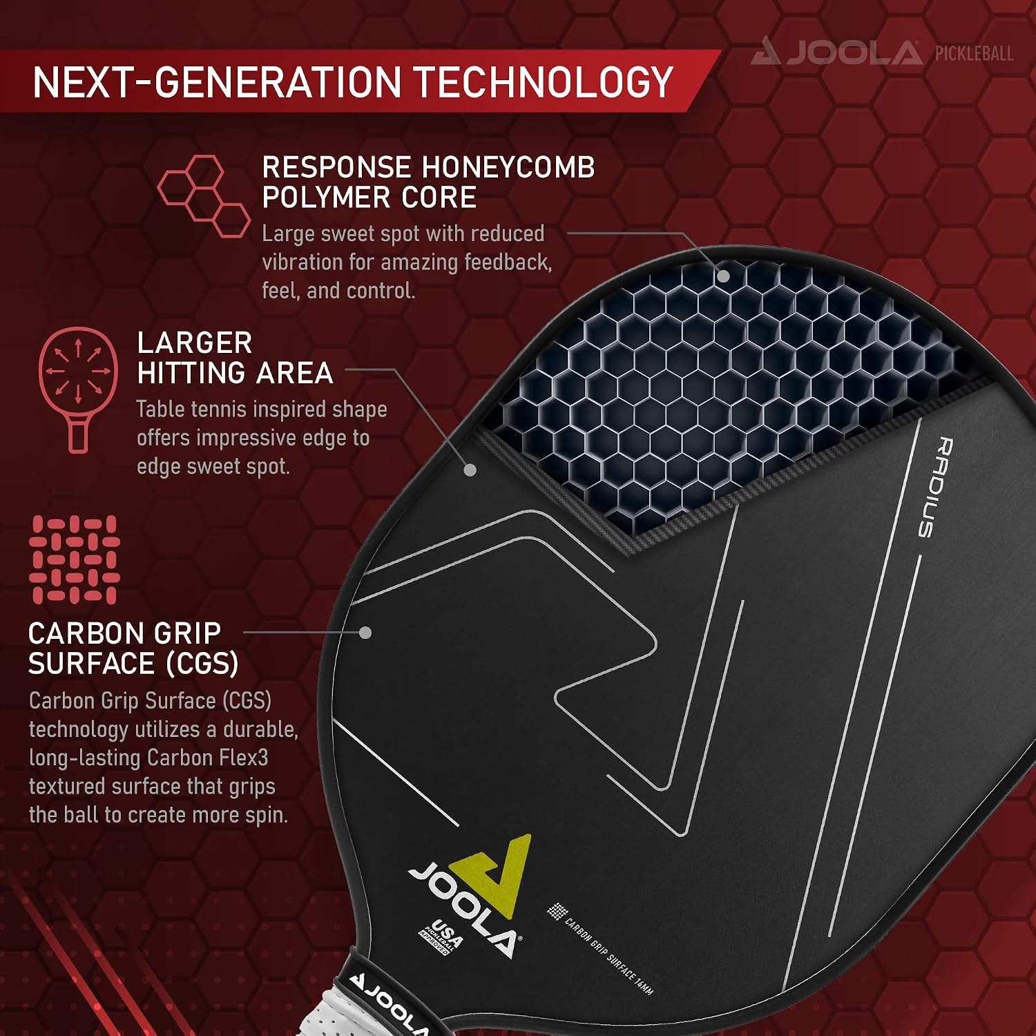 JOOLA Pickleball Paddles – Textured Carbon Grip Surface for Spin, Control & Power – Select Hyperion, Vision or Radius Shapes – Lightweight, Durable Rackets – Polypropylene Core – USAP Approved - Image 4