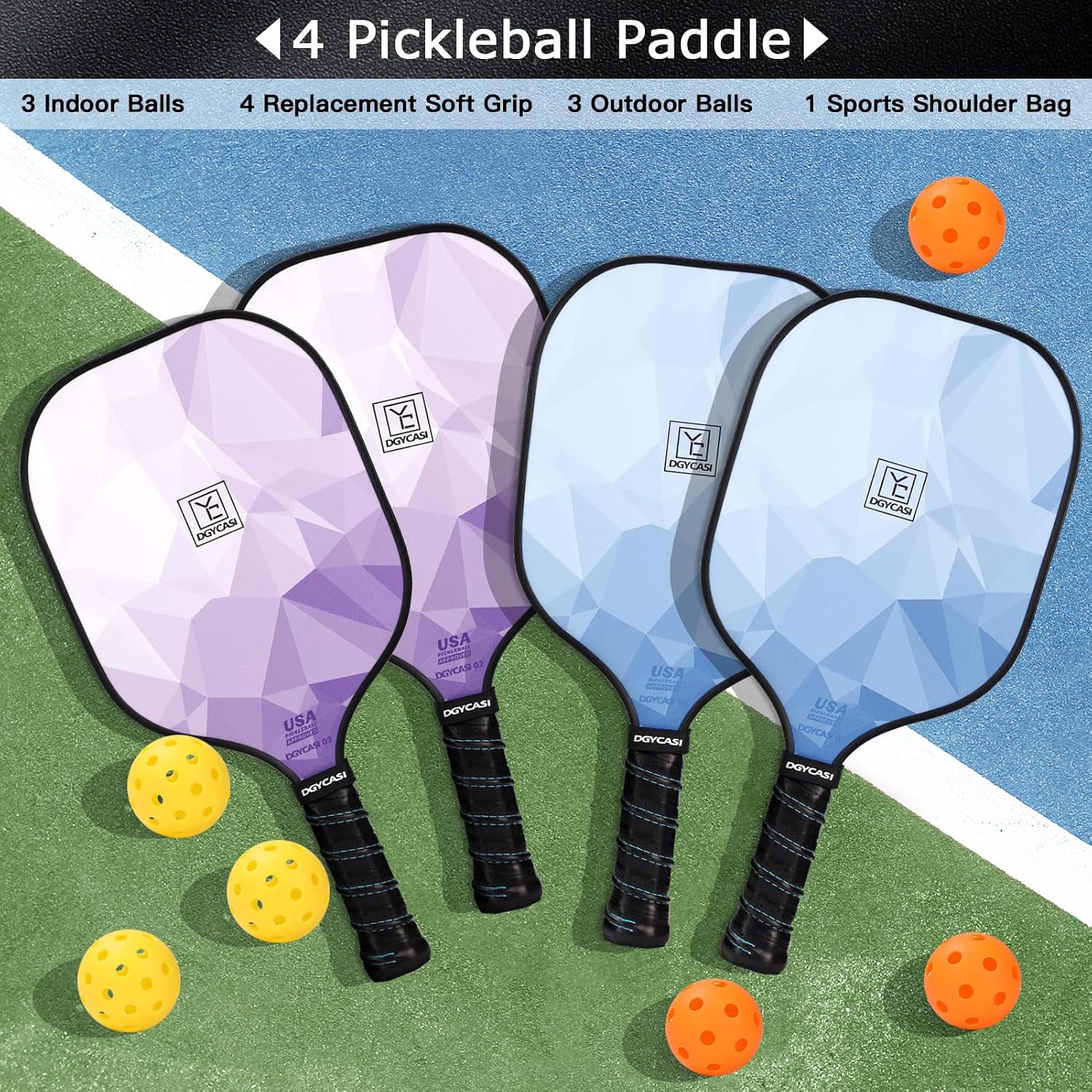 YC DGYCASI Pickleball Paddles Set of 4, USAPA Approved Pickleball Set, Fiberglass Pickle Ball Rackets, 3 Outdoor Pickleball, 3 Indoor Pickleball Balls, 4 Pickleball Overgrip, 1 Pickleball Bag - Image 4