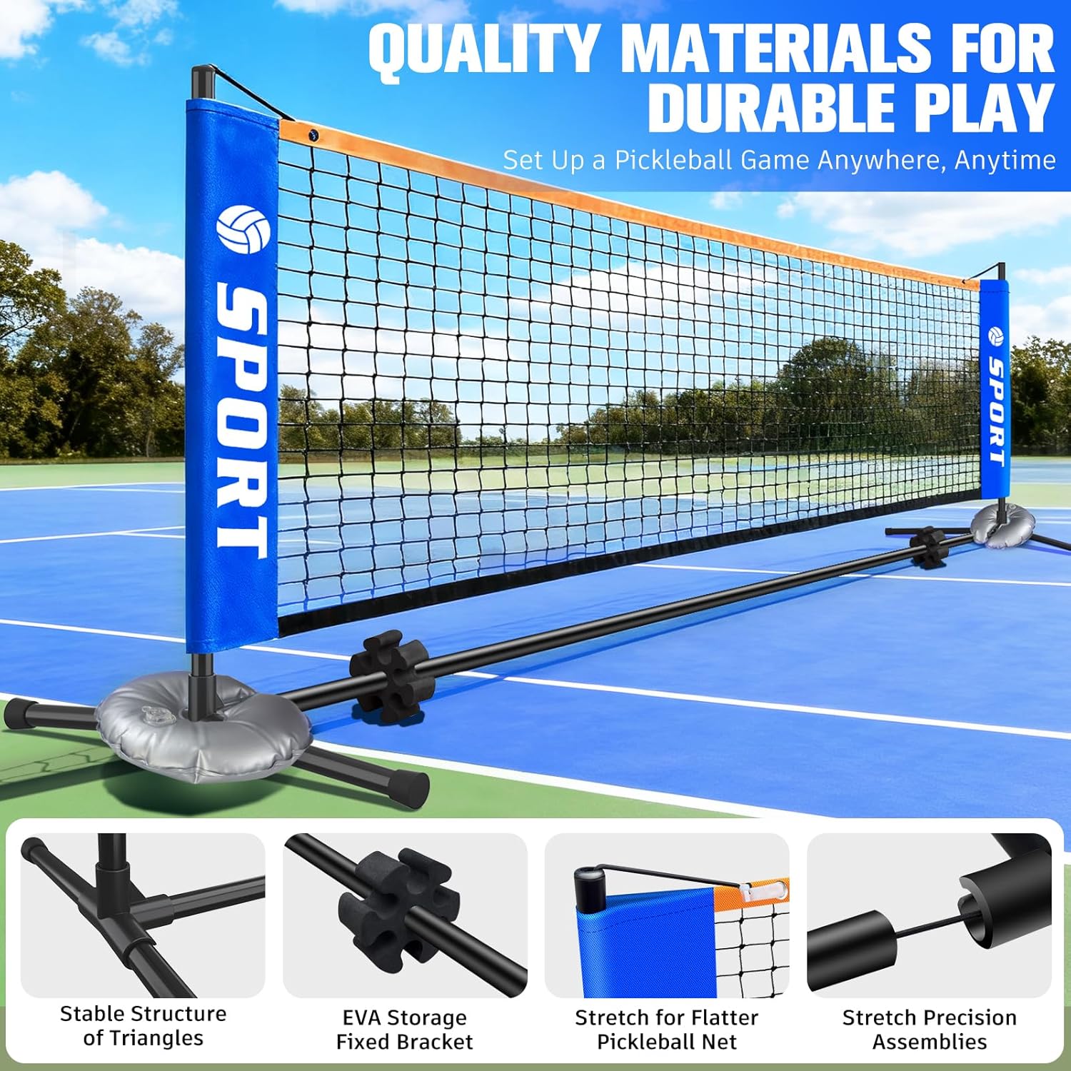 Pickleball Net for Driveway, Portable Pickleball Net Set with Paddles,Water Bags,Portable Outdoor Pickleballs,Mini Pickle Ball Nets, Carry Bag,10FT PickleBalls Net Weather Resistant Steady Metal Frame - Image 3