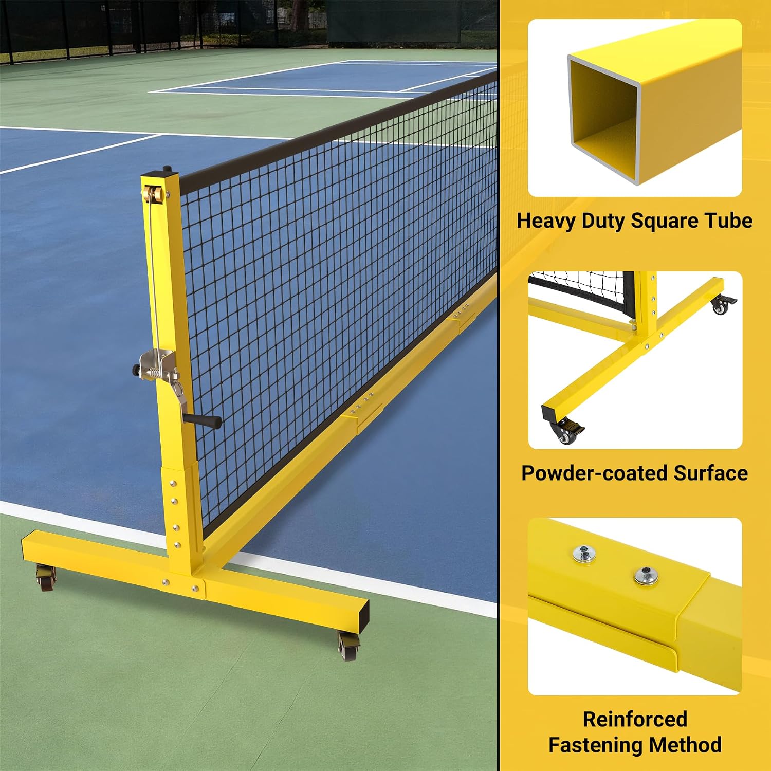 Pro Pickleball Net - 22ft Tournament-Grade, 30-ply Sturdy Net | Heavy Duty Steel Frame, Universal Wheels, 600D Carrying Bag, Perfect for Indoor & Outdoor Use, Black/Yellow/Ice Blue - Image 4