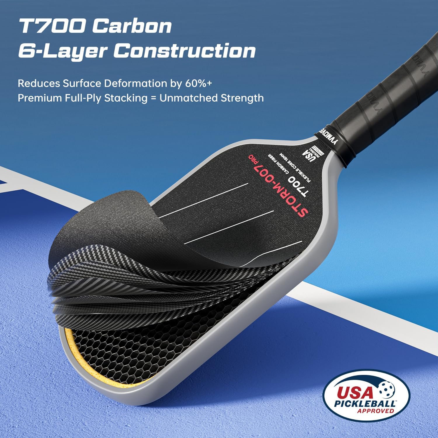 USAPA Approved 6-Layer Construction T700 Carbon Fiber Pickleball Paddle, 16mm Thermoformed Pickleball Racket with High Spin & Extended Grip, Professional Pickleball Paddle for Control and Power - Image 2