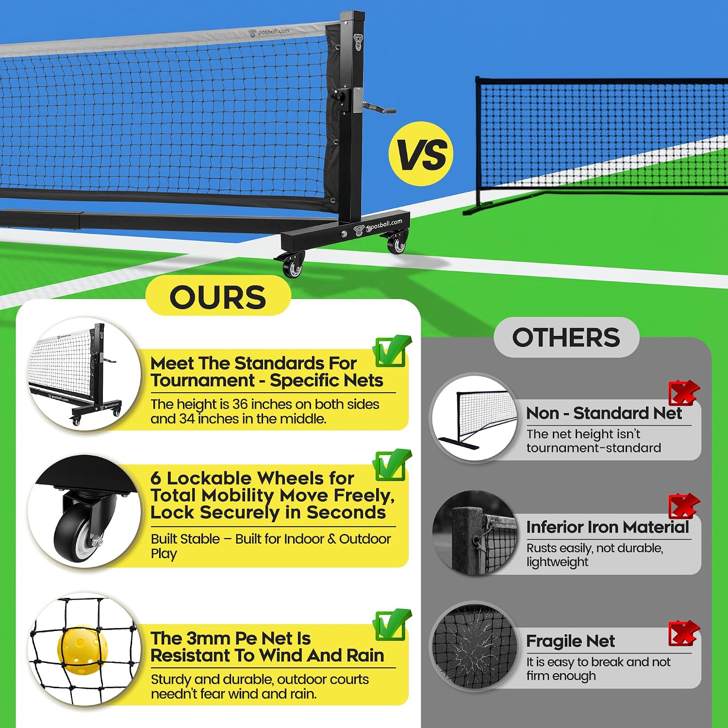 Pro Pickleball Net,22FT Heavy-Duty Tournament-Grade Pickle Ball Net | with Steel Cable Tensioning System & Wheels,Portable Outdoor Pickleball Net for Driveway, Club & Tournaments - Image 4