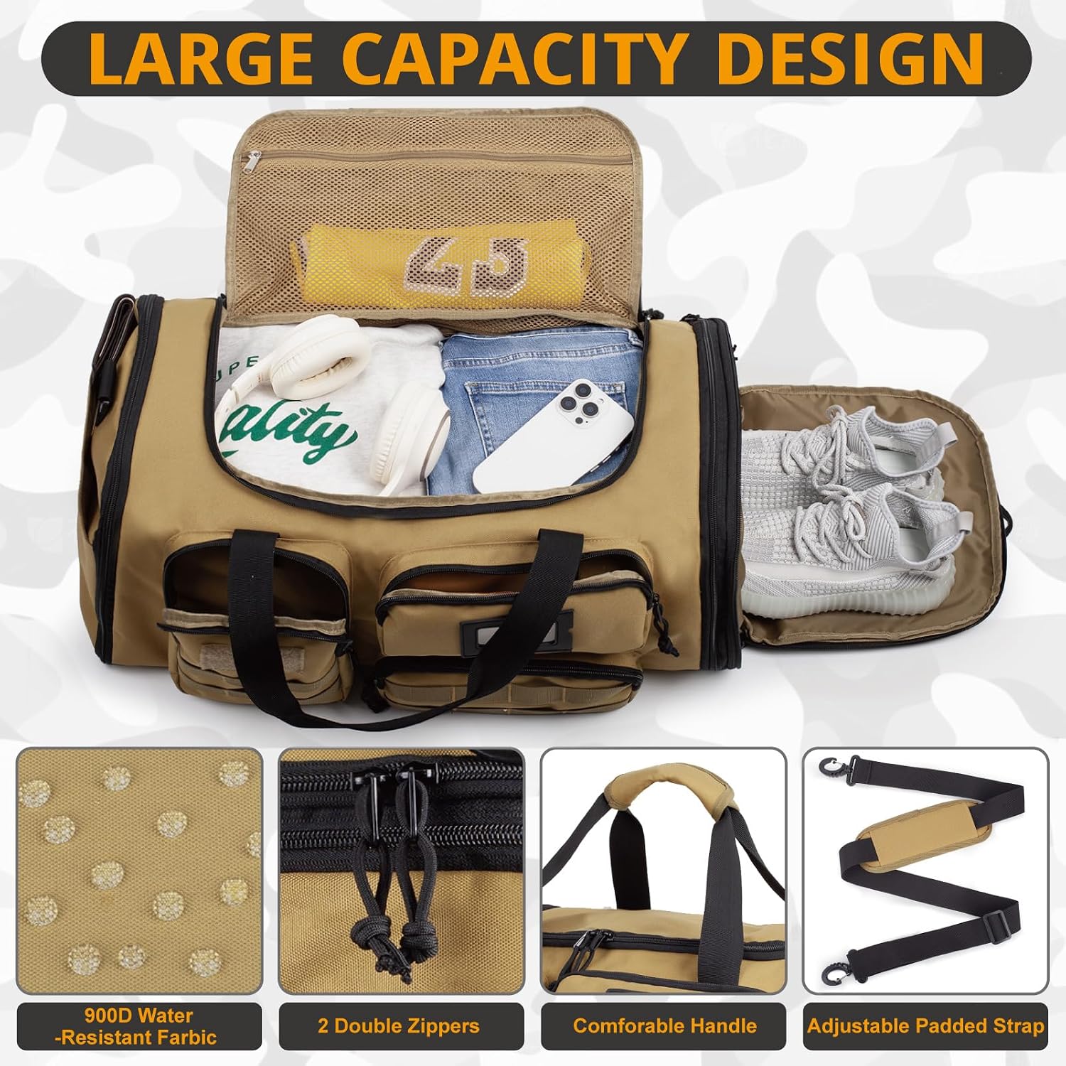 Expandable Gym Bag For Men,Tactical Large 3-in-1 Travel Duffle Backpack Bag | Water-Resistant Sports Bag With Shoes Compartment,Multi-Functional Travel Duffel Bag For Weekend, Overnight, Workout,Camping - Image 3