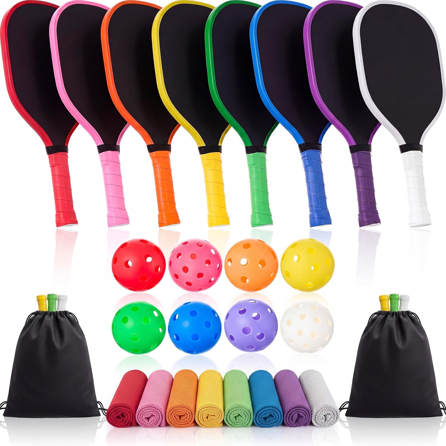 26 Pcs Colorful Wood Paddleball Racket Set Compatible with Pickleball Non-slip Grip Complete Wood Paddleball Racket with 8 Paddles, 8 Balls, 8 Towels & 2 Bags for PE Class, School, Family