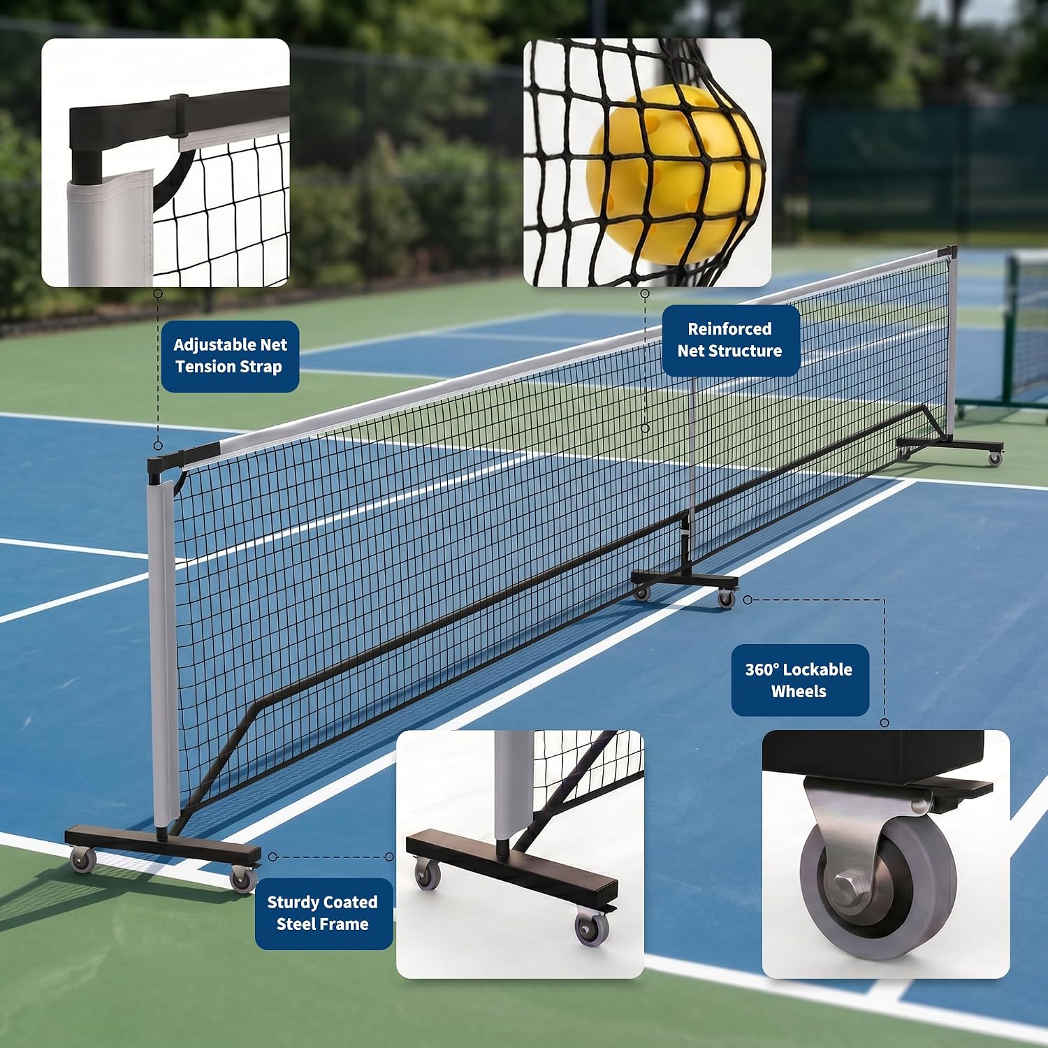 Garvee 22FT Portable Pickleball Net with Wheels, Regulation Size Pickle Ball Net, Heavy Duty PE Net with Carry Bag, Easy Setup for Driveway Backyard Outdoor Court | Heavy Duty PE Net, Carry Bag, Easy Setup, Driveway Backyard Outdoor Court - Image 4