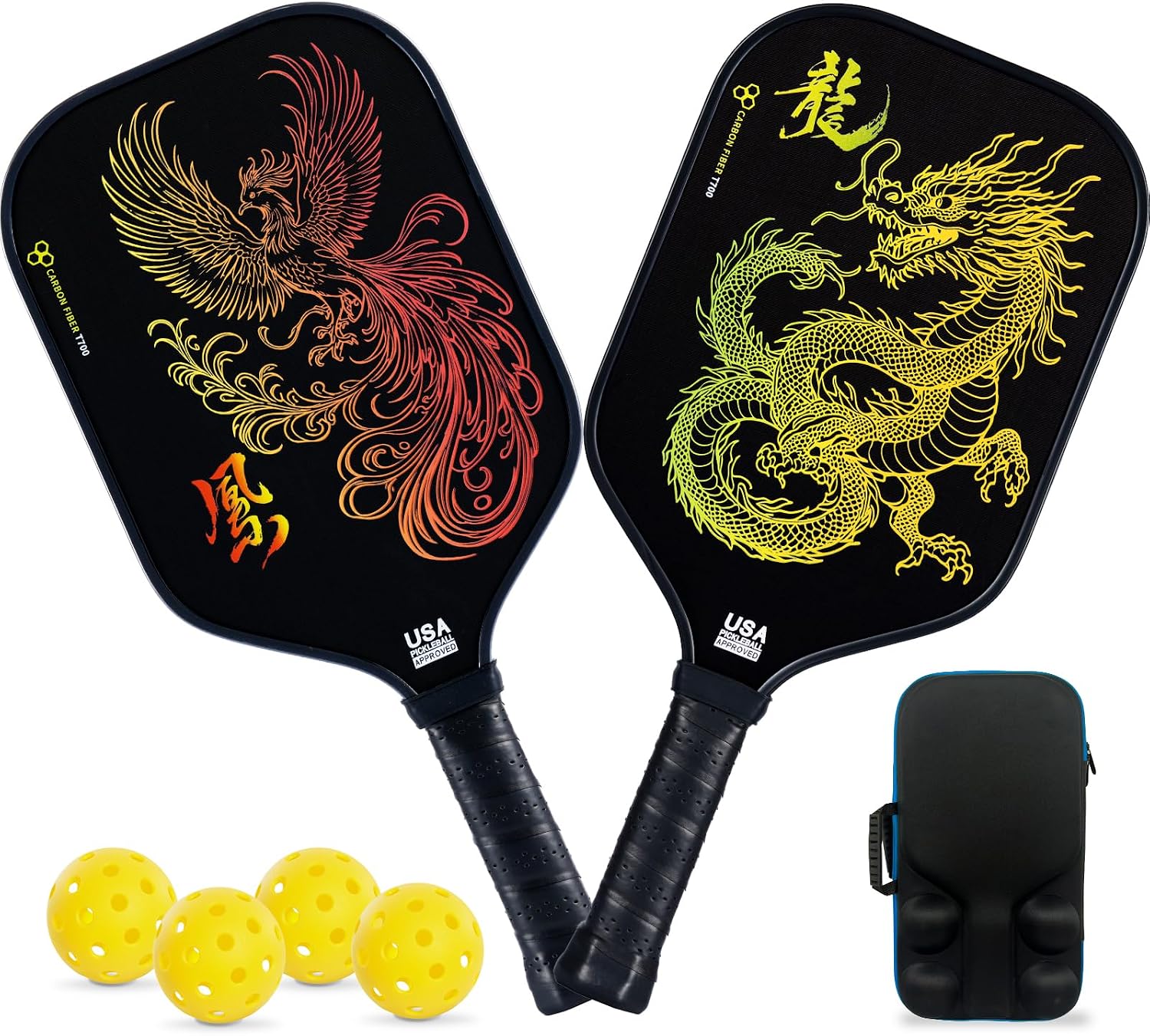 Pickleball Paddles Set of 2 – Lightweight T700 Carbon Fiber Pickleball Paddles, Durable 2 Paddles + 4 Outdoor Balls + Bag, Best for Beginner & Pro