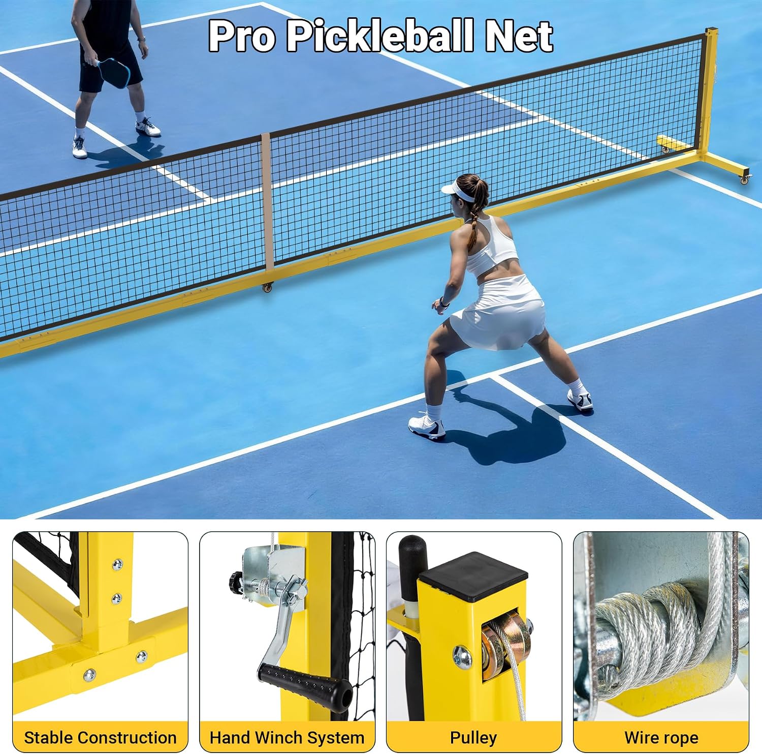 Pro Pickleball Net - 22ft Tournament-Grade, 30-ply Sturdy Net | Heavy Duty Steel Frame, Universal Wheels, 600D Carrying Bag, Perfect for Indoor & Outdoor Use, Black/Yellow/Ice Blue - Image 3