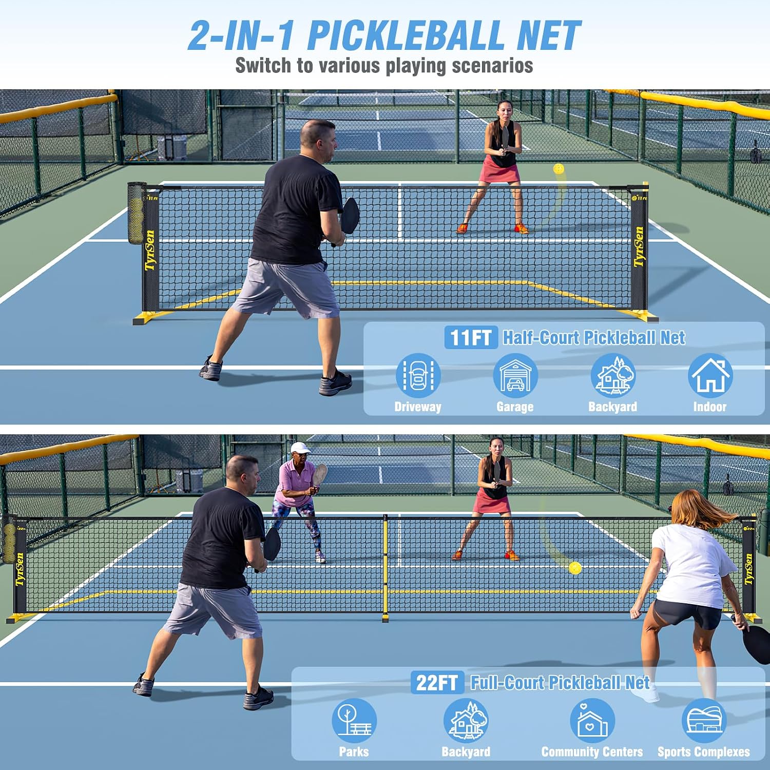 Portable Pickleball Net for Driveway, 22 FT Regulation Size & 11 FT Half Court Size Pickle Ball Net with Ball Collector, 2-in-1 Pickle Ball Net with Carry Bag for Garages Backyard - Image 2