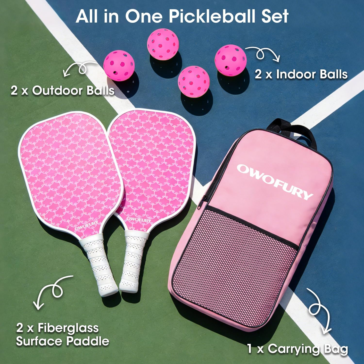Fiberglass Pickleball Paddles Set of 2, Pickle Ball Racket Lightweight Honeycomb Core Control Paddle, with 4 Indoor Outdoor Balls and Bag for Men Women - Image 6