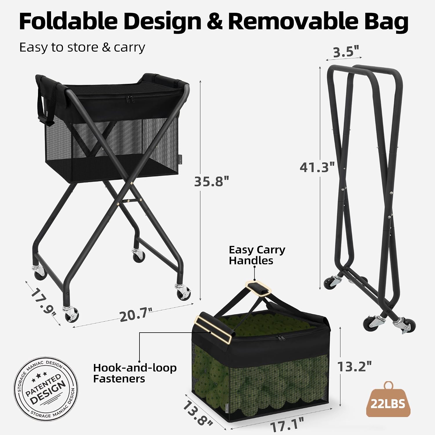 STORAGE MANIAC Foldable Tennis Ball Hopper Cart with Removable Ball Bag | Oxford & PVC Liner with Steel Frame, Holds 150 Balls, Portable Rolling Pickleball Training Cart, 20.7"L x 17.9"W x 35.8"H - Image 2