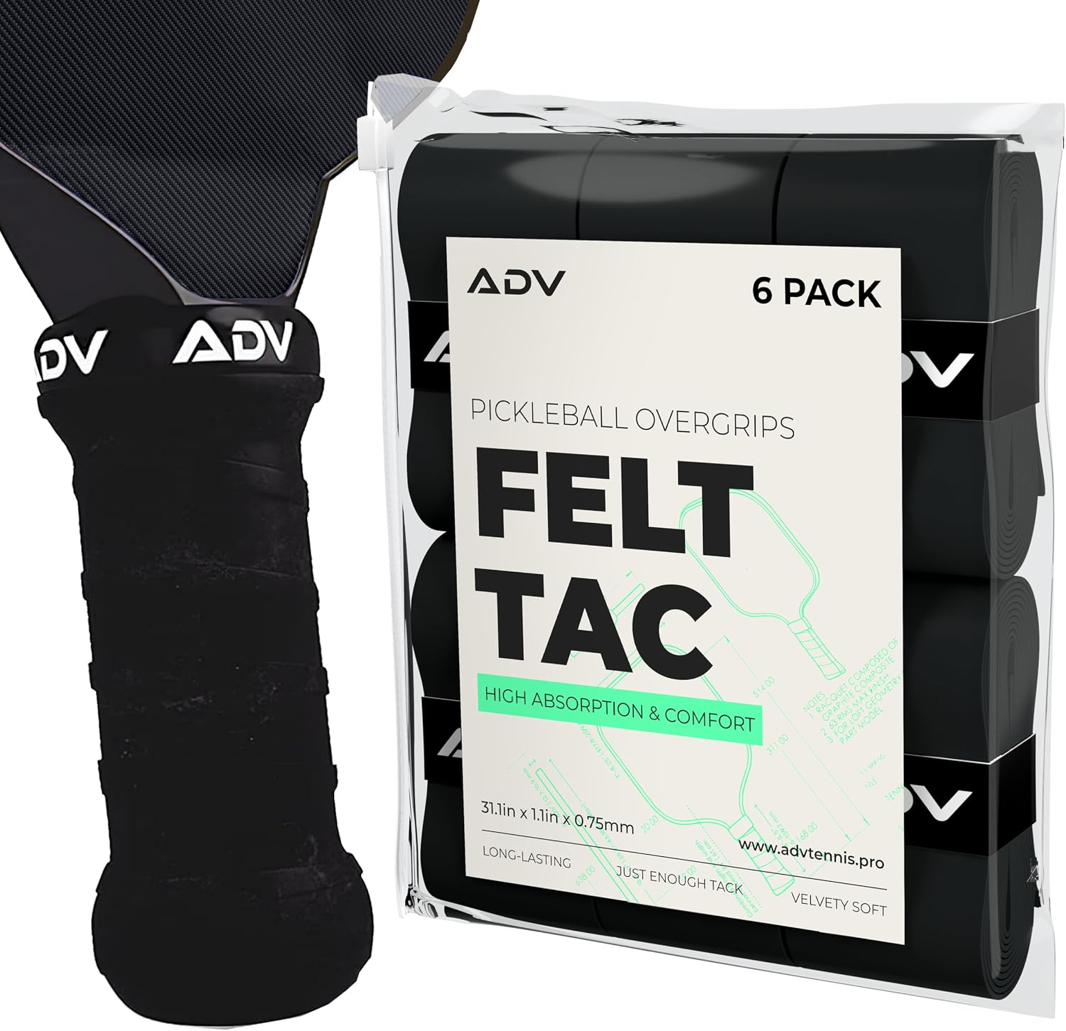 ADV Felttac Pickleball Grip Tape - 3, 6, 12, 30 Pack - Soft, Very Durable, Sweat Absorbing Pickleball Overgrip Tape - Dry & Comfortable Pickleball Paddle Grip Tape - Easy to Use & Easy to Install