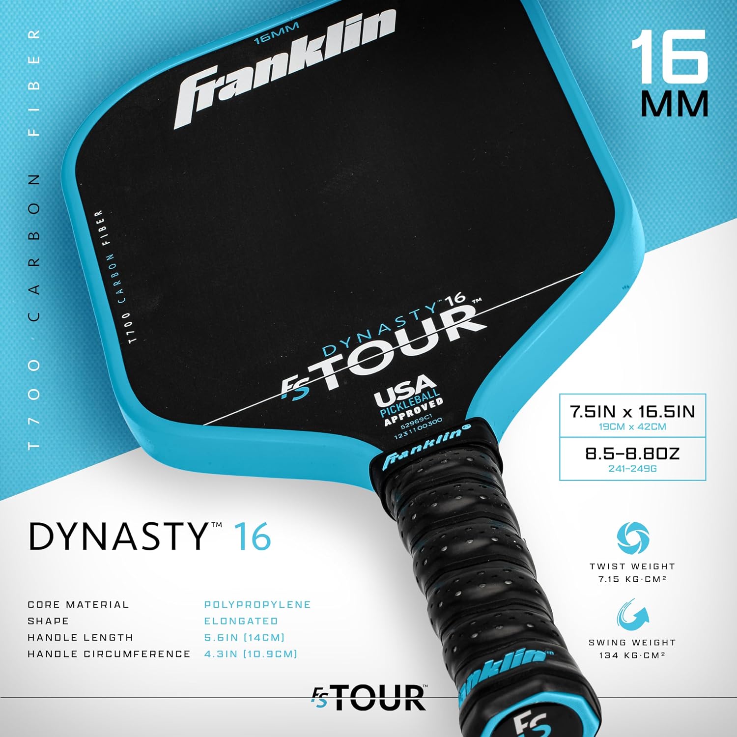 Franklin Sports Pro Pickleball Paddles - FS Tour Series Raw Carbon Fiber T700 - USA Pickleball Approved - Unibody Epoxy Resin Injected Edge - Dynasty + Tempo - 14mm/16mm Core - Gray, Blue + Pink - Image 2