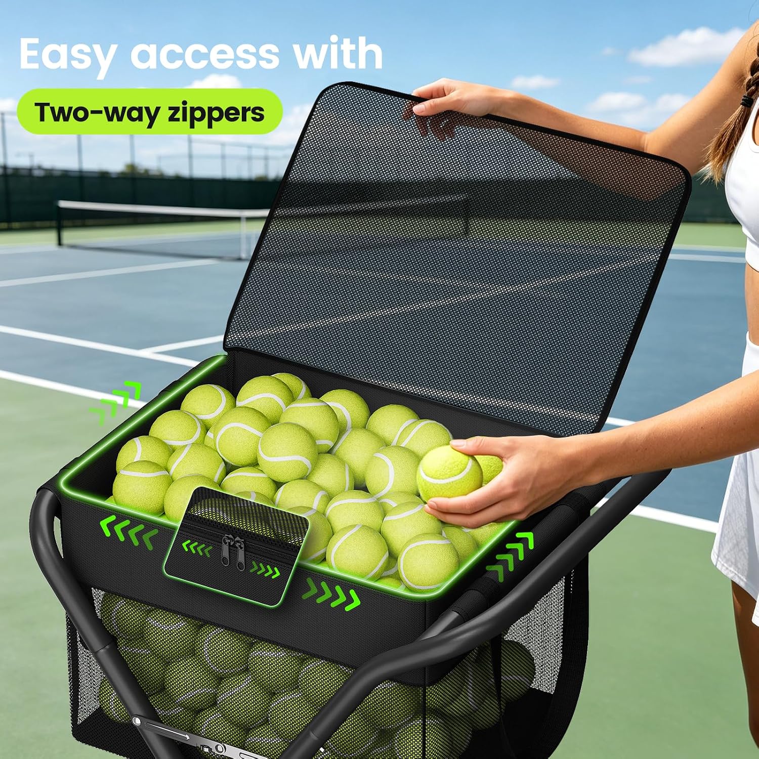 ELYKEN Tennis Ball Hopper with Wheels, Holds 220 Tennis Balls or 160 Pickleballs, Foldable Ball Retriever Basket, Portable Ball Collector Caddy for Tennis & Pickleball Training, Practice and Storage - Image 5