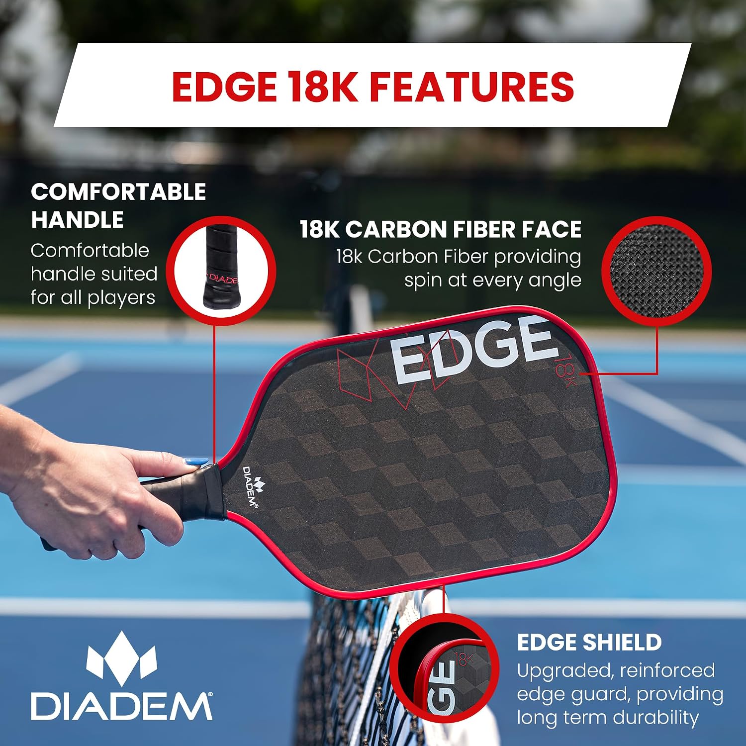 Diadem Edge 18K Pickleball Paddle Series | USAPA Approved, 18K Carbon Fiber Face for Unmatched Spin & Control, Durable Edge Shield Pro | Multiple Colors & Styles - Image 3