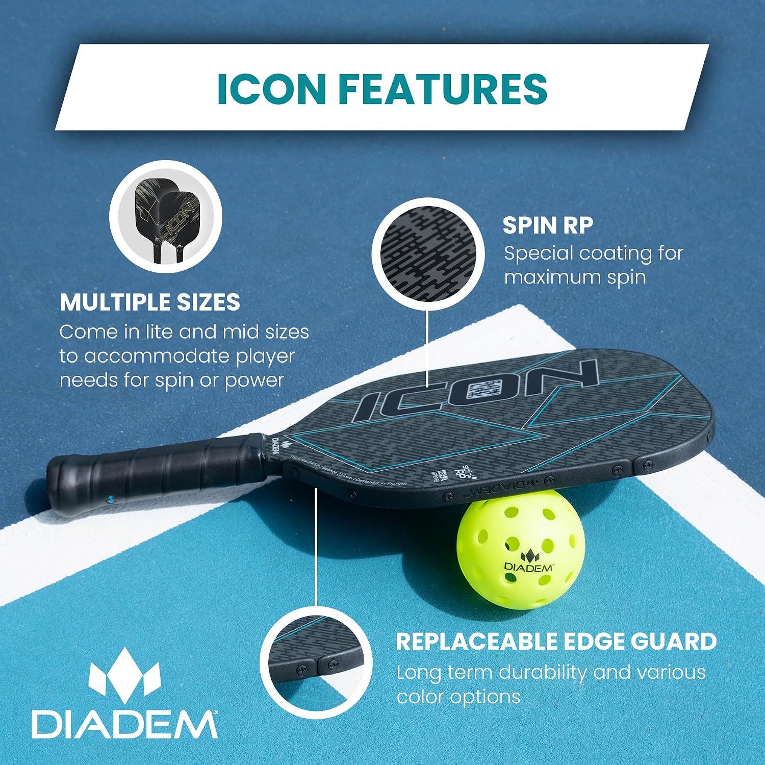 Diadem ICON Performance Pickleball Paddle | Graphite Carbon Fiber, Honeycomb Core, Fiberglass Face, Ultra Sleek Edge Guard, Spin Friendly | Indoor/Outdoor | USAPA Approved - Image 3