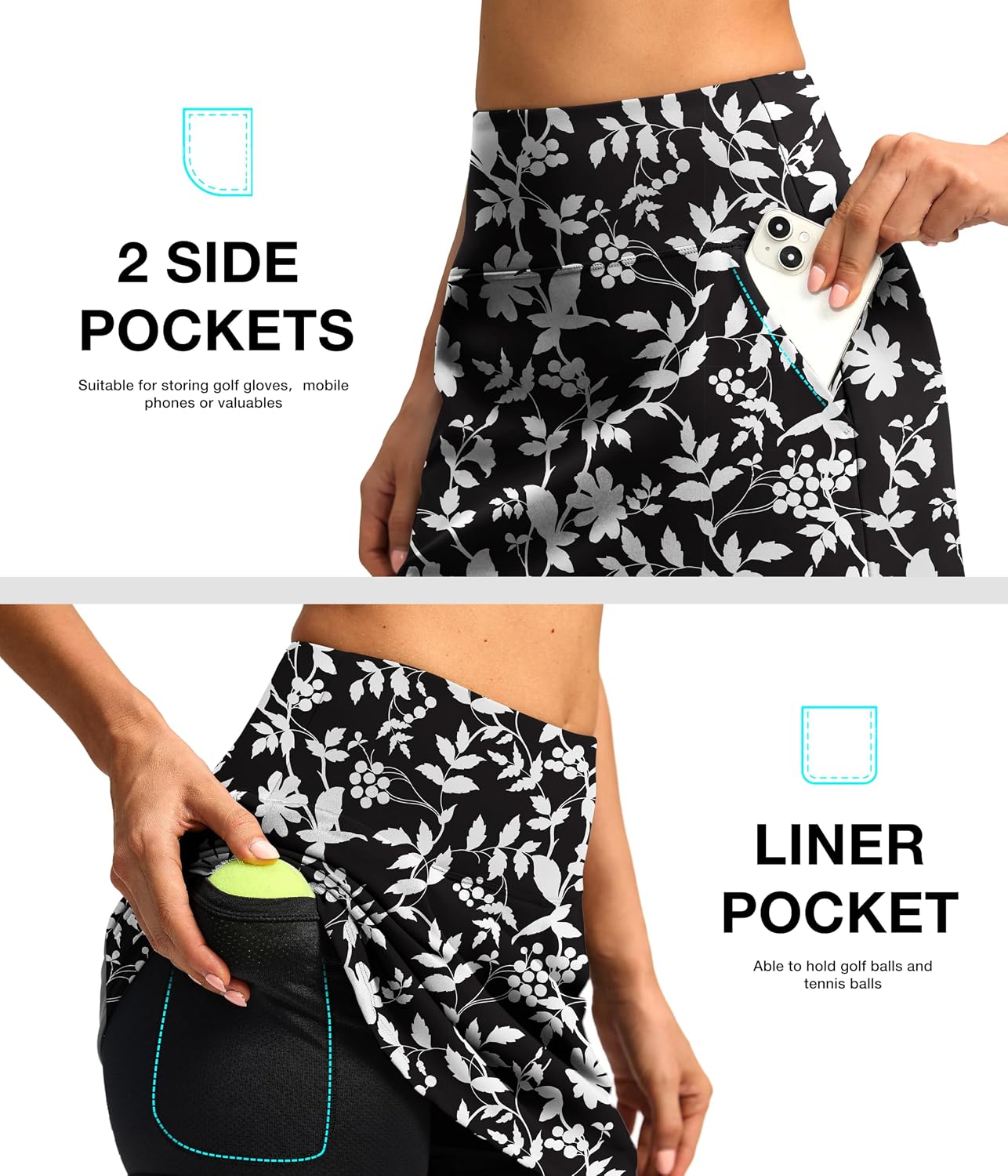 SANTINY 16'' Skorts for Women with 4 Pockets Athletic Tennis Golf Skirt | Built-in Shorts, High Waisted, Stretchy, A Line, Casual, Pickleball, Skort - Image 6