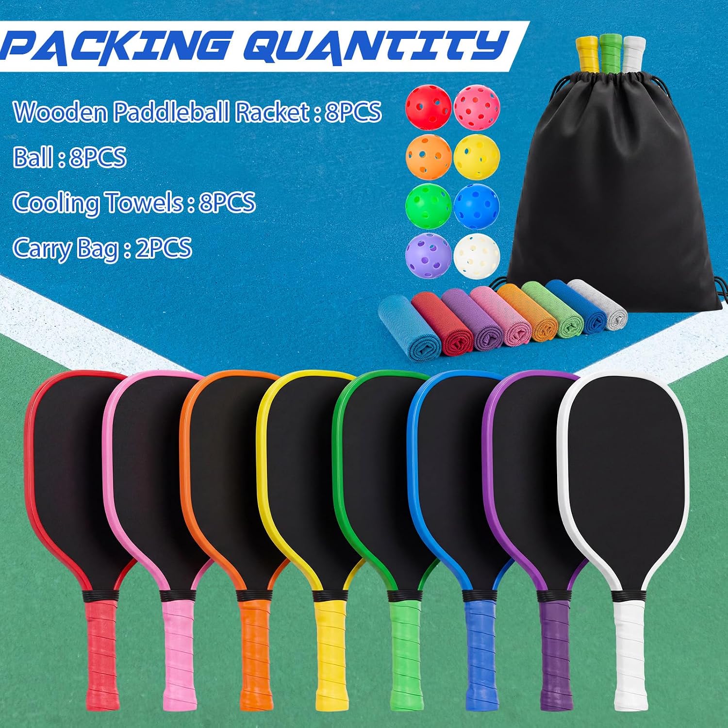 26 Pcs Colorful Wood Paddleball Racket Set Compatible with Pickleball Non-slip Grip Complete Wood Paddleball Racket with 8 Paddles, 8 Balls, 8 Towels & 2 Bags for PE Class, School, Family - Image 4