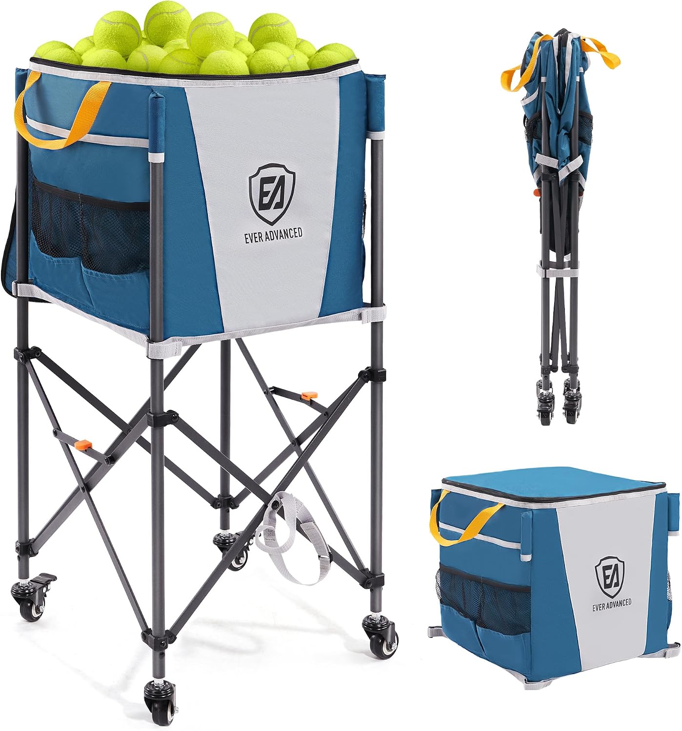 EVER ADVANCED 150 Tennis Capacity Ball Hopper Rolling Ball Cart with Side Pockets, 16.2 x 16.2in Folding Pickleball Basket with Wheels, Sports Equipment Organizer for Baseball Training/Practice, Blue