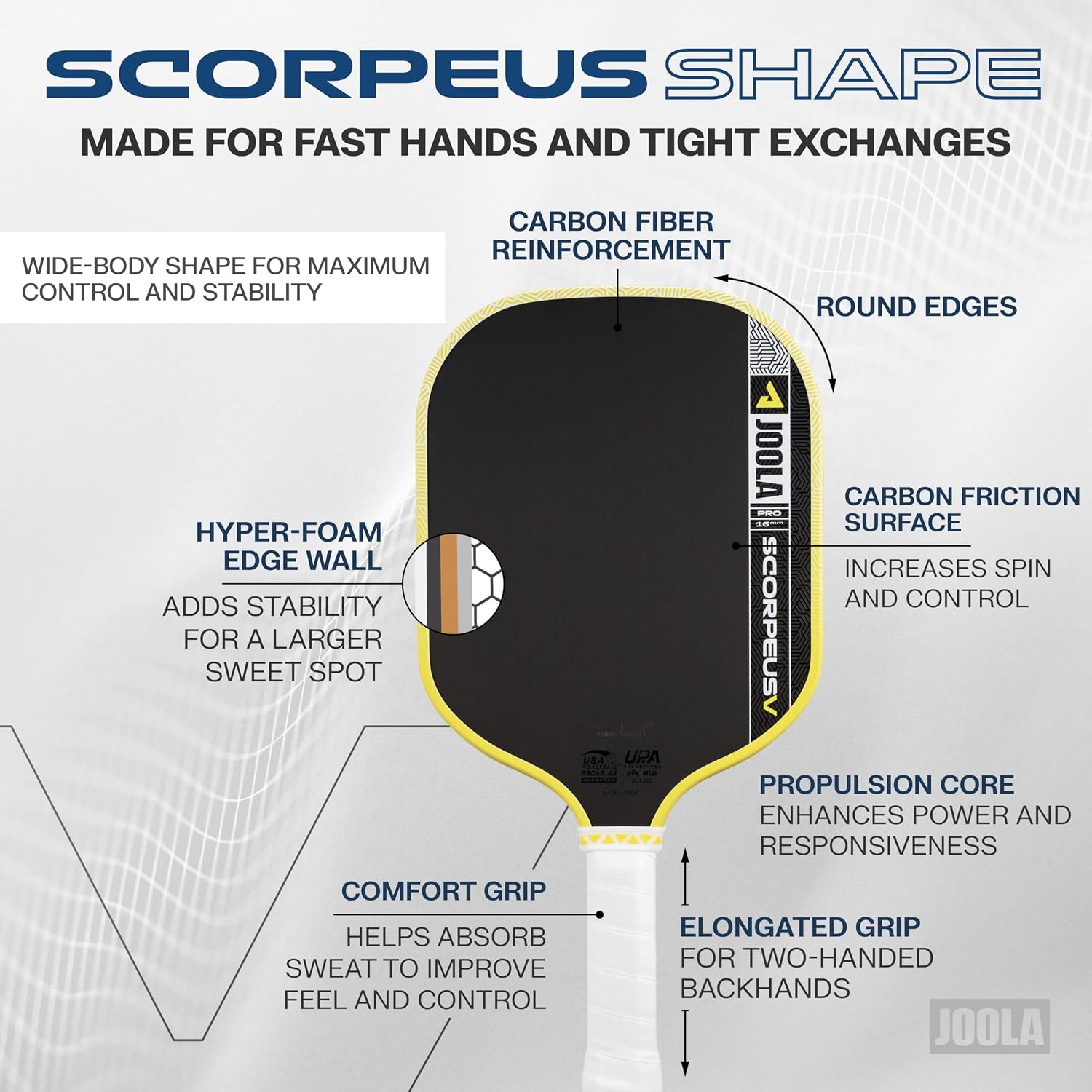 JOOLA Pro V Pickleball Paddle - 14mm/16mm - Raw Carbon Fiber Textured Surface - Enhanced Frame & Propulsion Core, USAPA & UPA-A Certified, NFC Chip Enabled, Premium Control & Lightweight Performance - Image 4