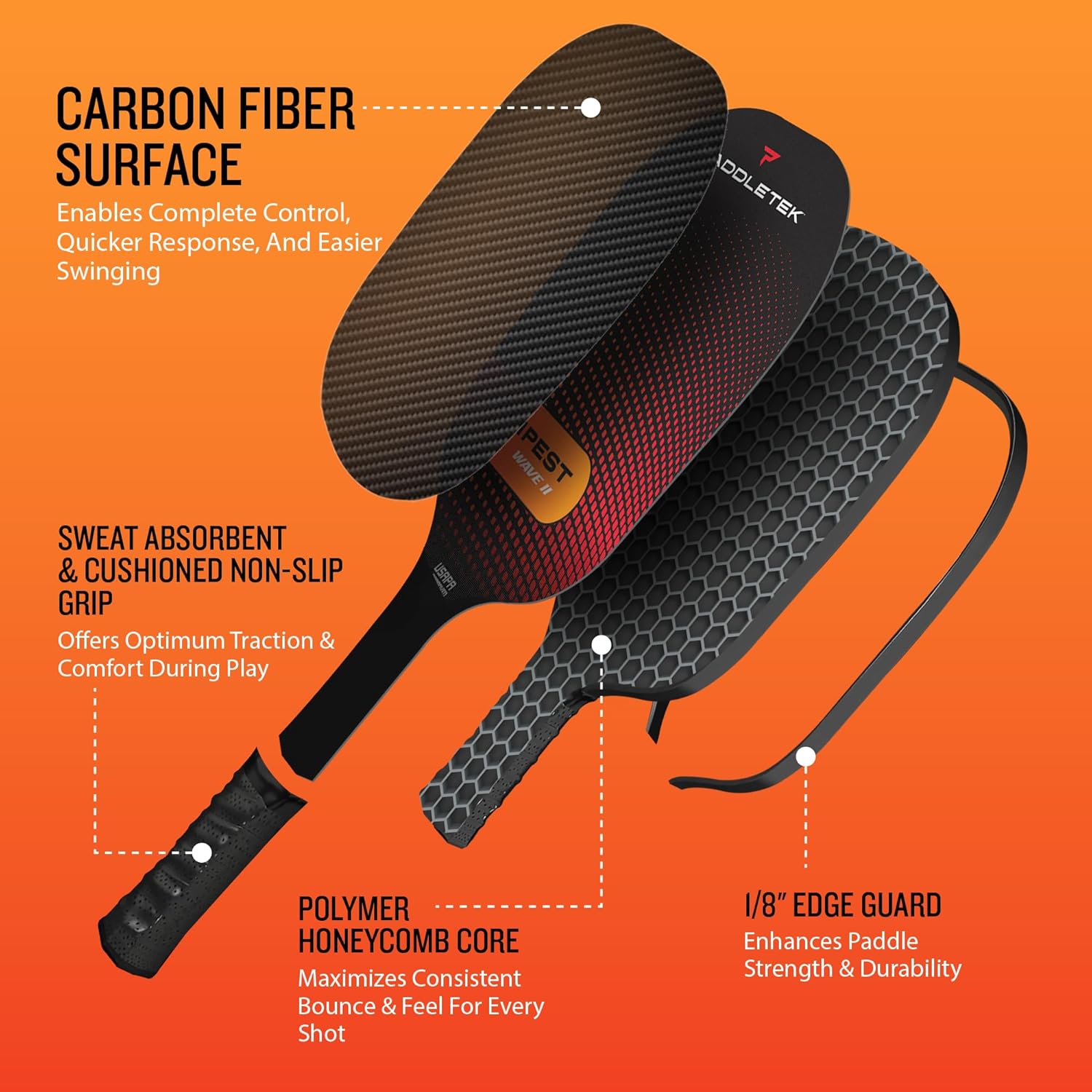 Paddletek Tempest Wave II Pickleball Paddle | Professional Pickleball Paddles with Honeycomb Core, Carbon Fiber Surface, Graphite PolyCore & High Tack Performance Grip | USAPA Approved - Image 3
