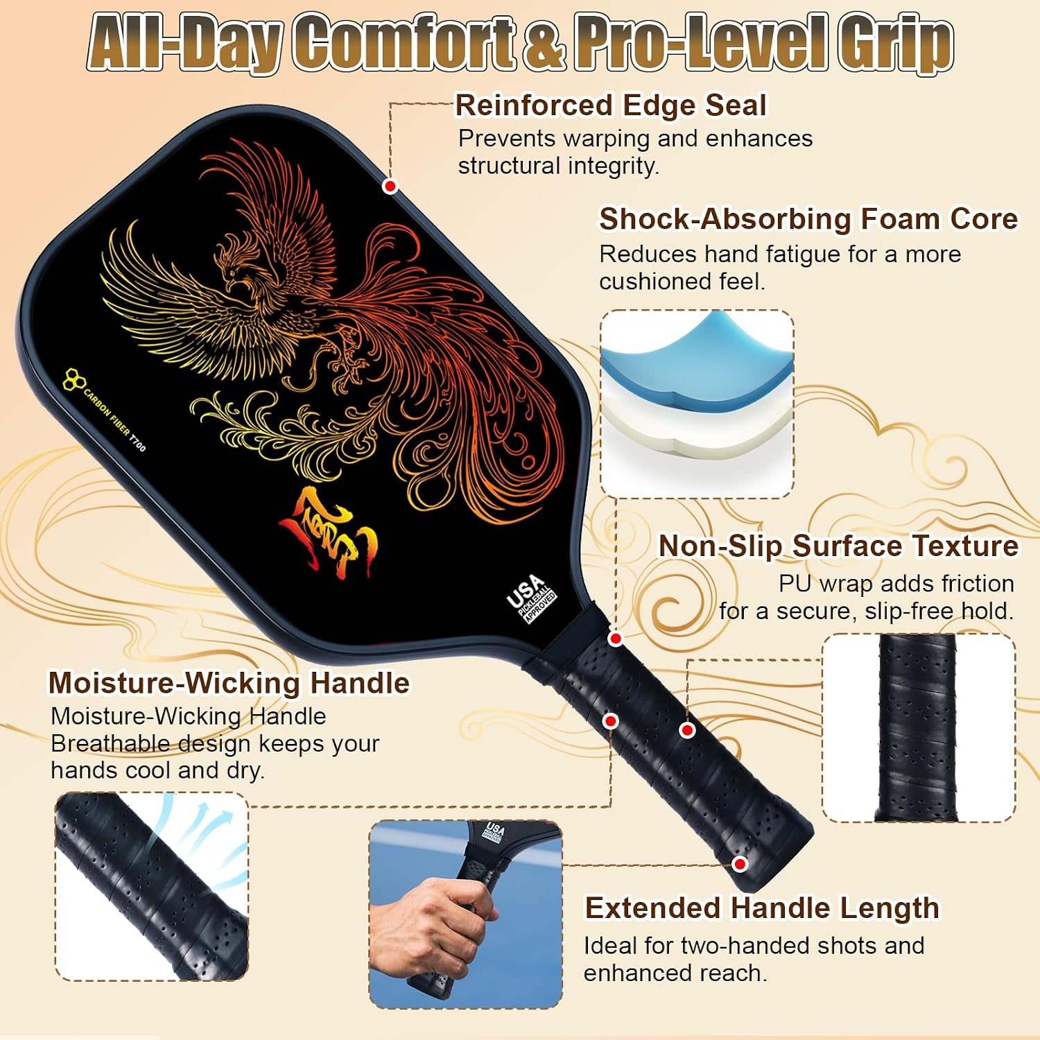 Pickleball Paddles Set of 2 – Lightweight T700 Carbon Fiber Pickleball Paddles, Durable 2 Paddles + 4 Outdoor Balls + Bag, Best for Beginner & Pro - Image 6