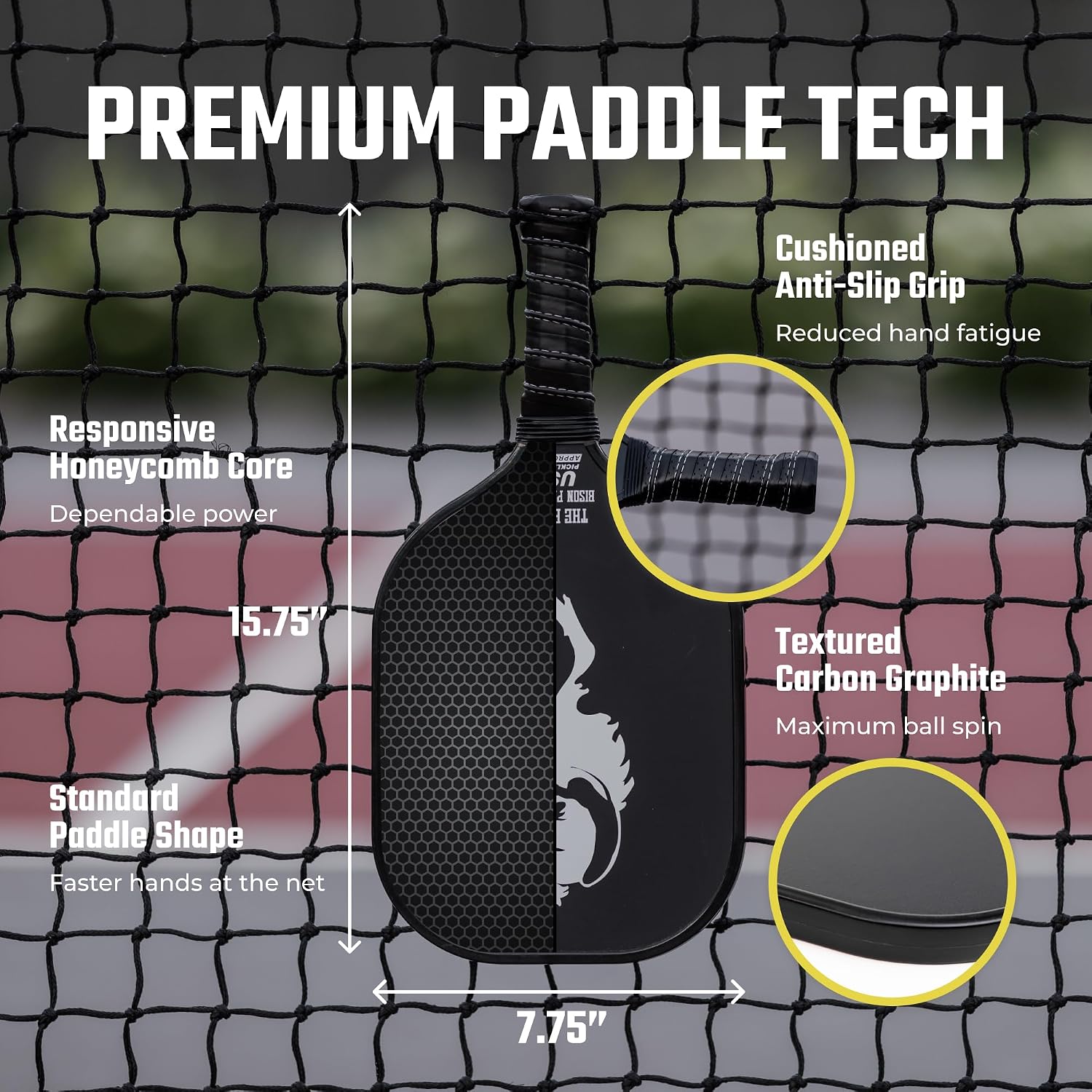 Bison Paddles: Carbon Graphite Pickleball Paddles - Lightweight Pickleball Rackets | Honeycomb Composite Core Improves Pickle Ball Placement and Increases Power | Durable Unibody Construction - Image 3