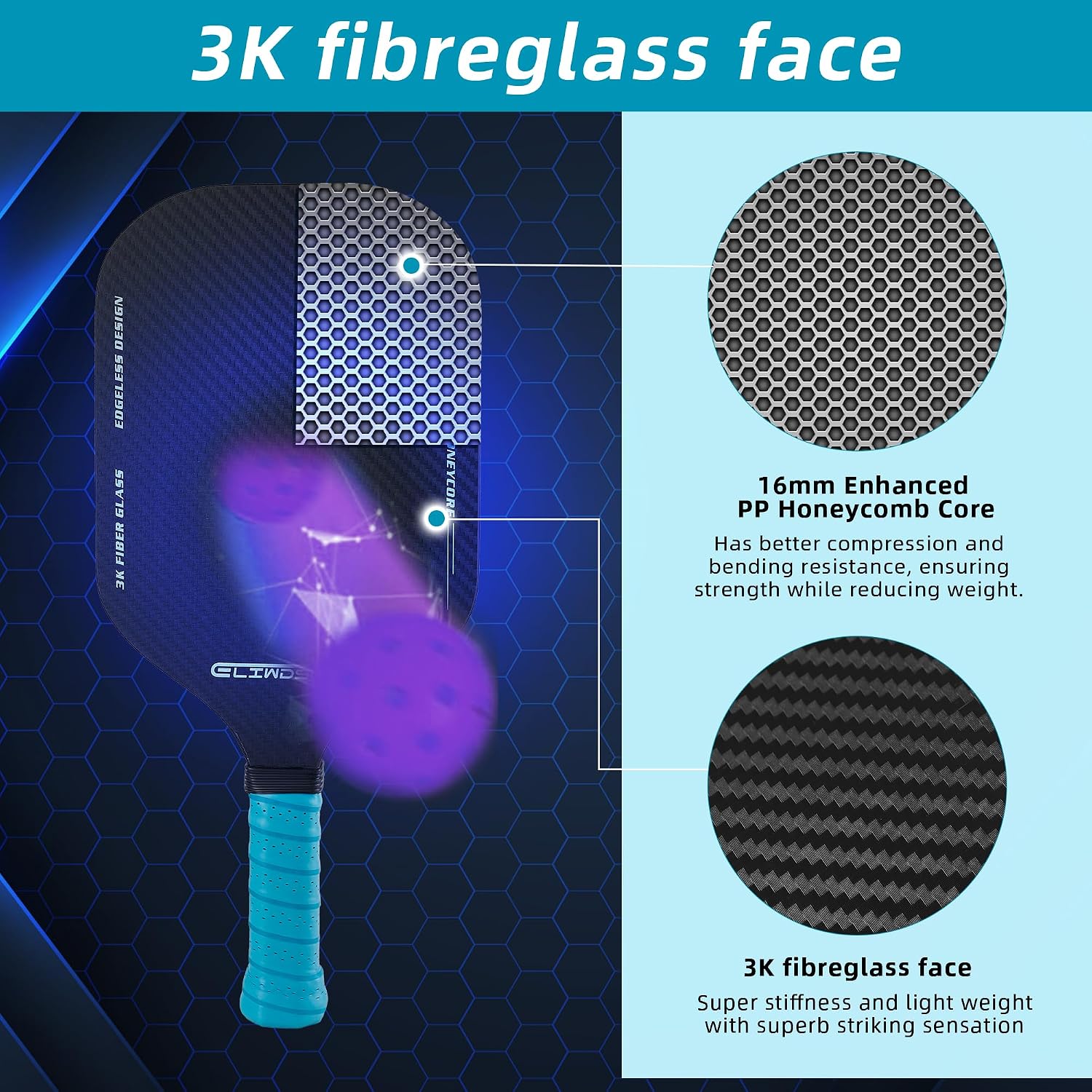 Pickleball paddles set of 2 | Rackets are made to USAPA standards | 3k fibreglass textured surface| rimless design | 16 mm polypropylene honeycomb core | Racket Set for Men, Women, Children. - Image 4
