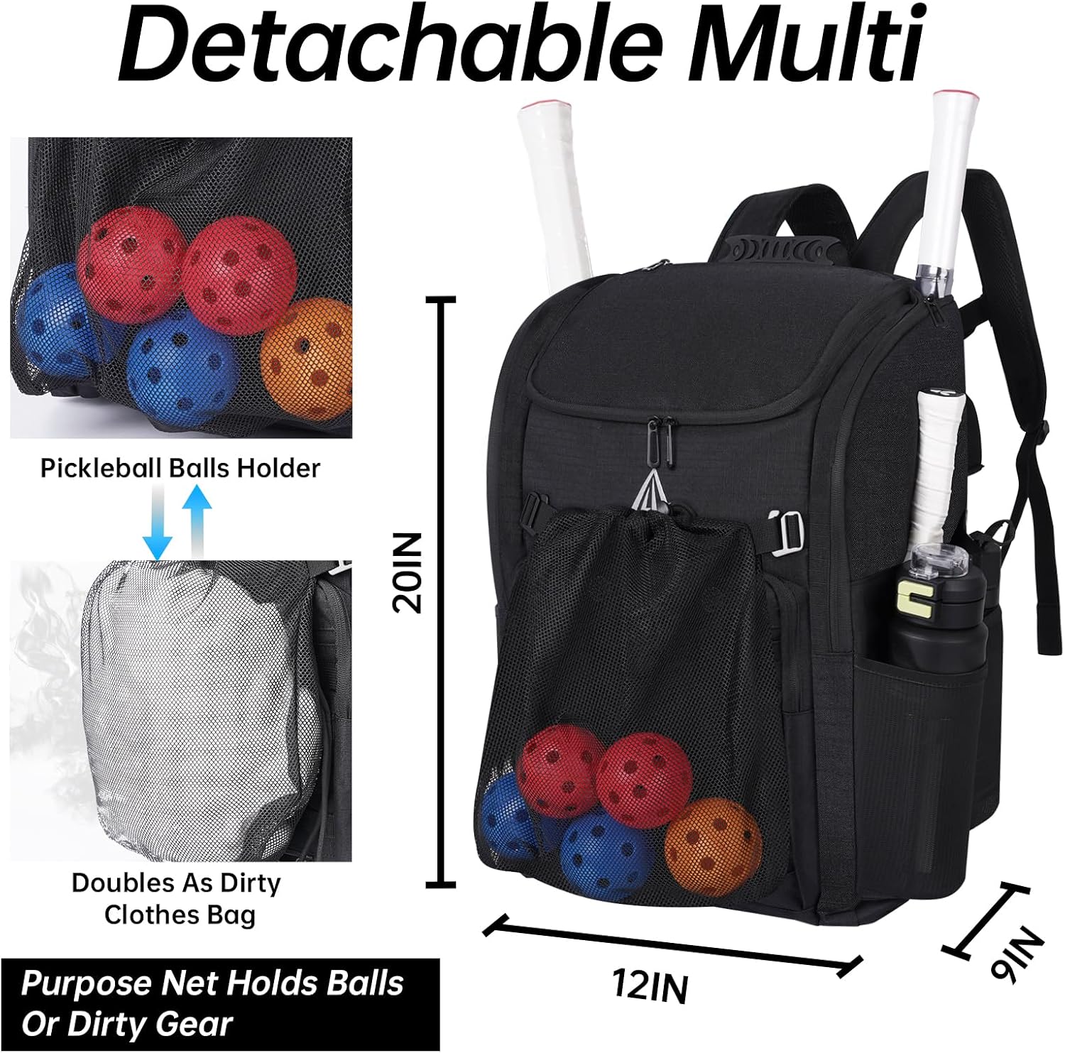 Extra Large Pickleball Bag with Paddle Protection,Fits 8+ Paddles,Ventilated Shoe Pocket,Wet/Dry Pocket (19 Pockets),Hidden Ball Net,Pro Pickleball Backpack Designed for Players and Family - Image 3