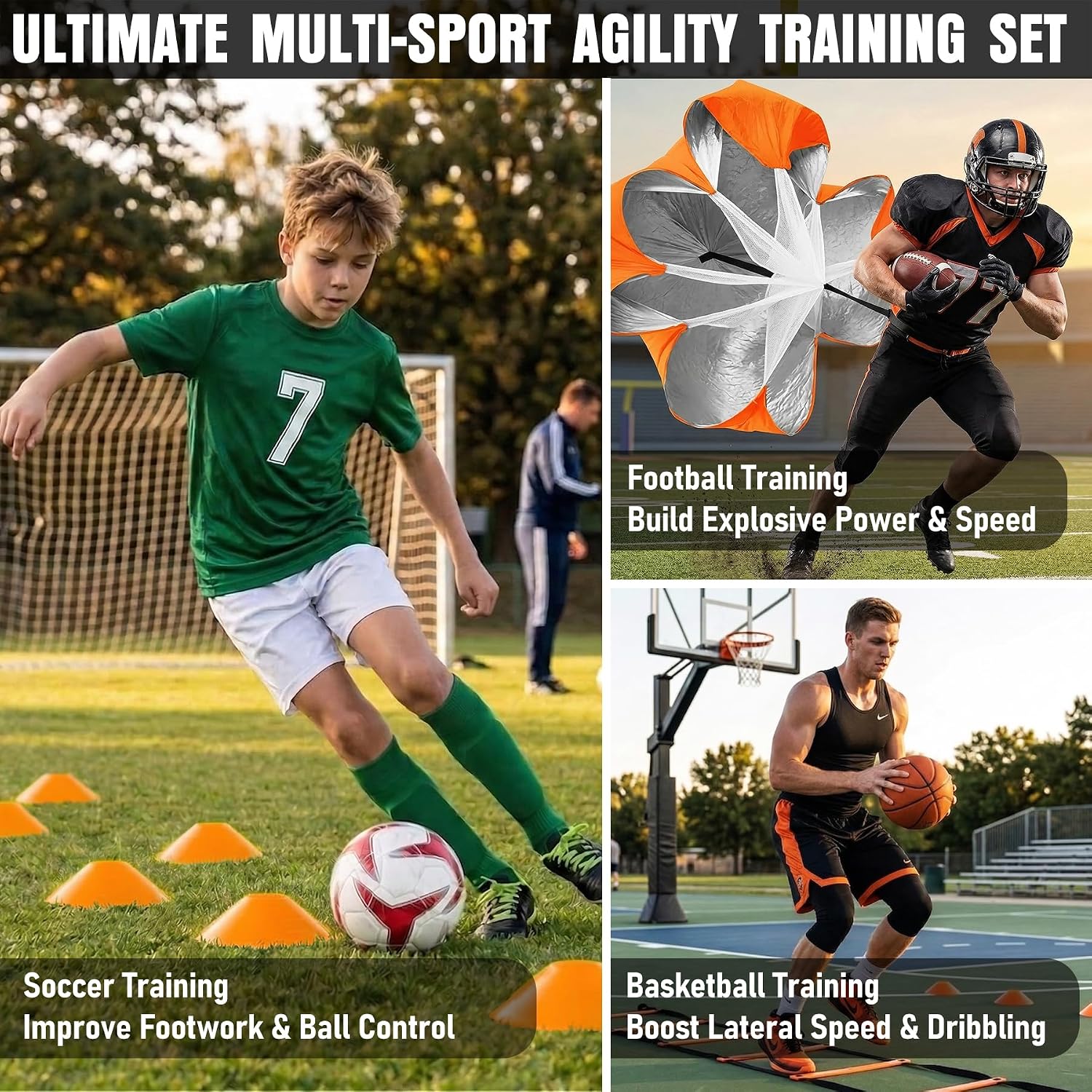 MUROZA Agility Ladder, Agility Speed Training Equipment Set, 20ft Speed Ladder, 12 Soccer Cones, 4 Hurdles, Jump Rope, Running Parachute, Soccer Football Basketball Training Equipment Accessories - Image 6