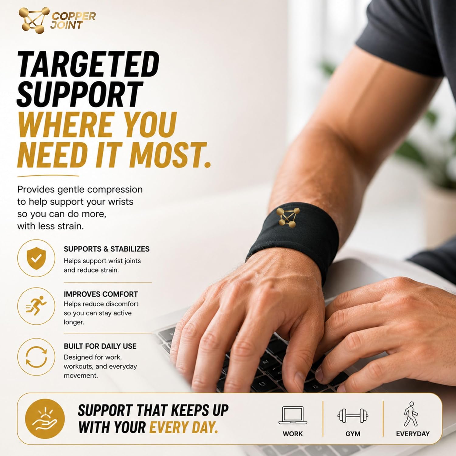 CopperJoint Compression Wrist Sleeve – Copper Hand Brace, Copper Wrist Compression Sleeve, Weight Lifting Wrist Support Brace, Hand Support for Sore Muscles, Yoga, Bowling, Sports - 1 Pair Large - Image 2