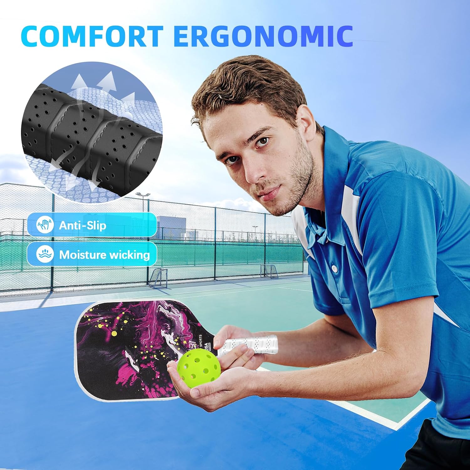 Pickleball Paddles Set of 2/4, USAPA Approved Carbon Fiber Surface Pickle Ball Set - 14mm PP Honeycomb Core of Lightweight Pickleball Rackets -Suitable for Beginners' Training and Game(Blue) - Image 5