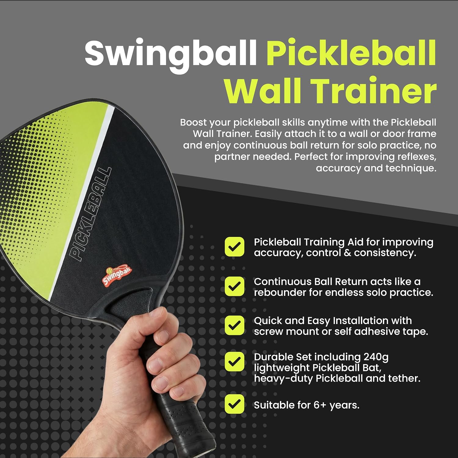 Swingball Pickleball Wall Trainer Set – Portable Solo Practice Paddle, Real Ball for Indoor and Outdoor, Designed to Improve Control, Accuracy, Reflexes & Overall Skill Development, Ages 6+ - Image 2
